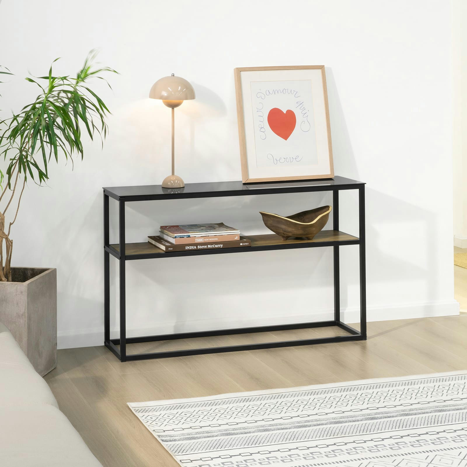- Table console cadre en métal noir avec 2 étagères