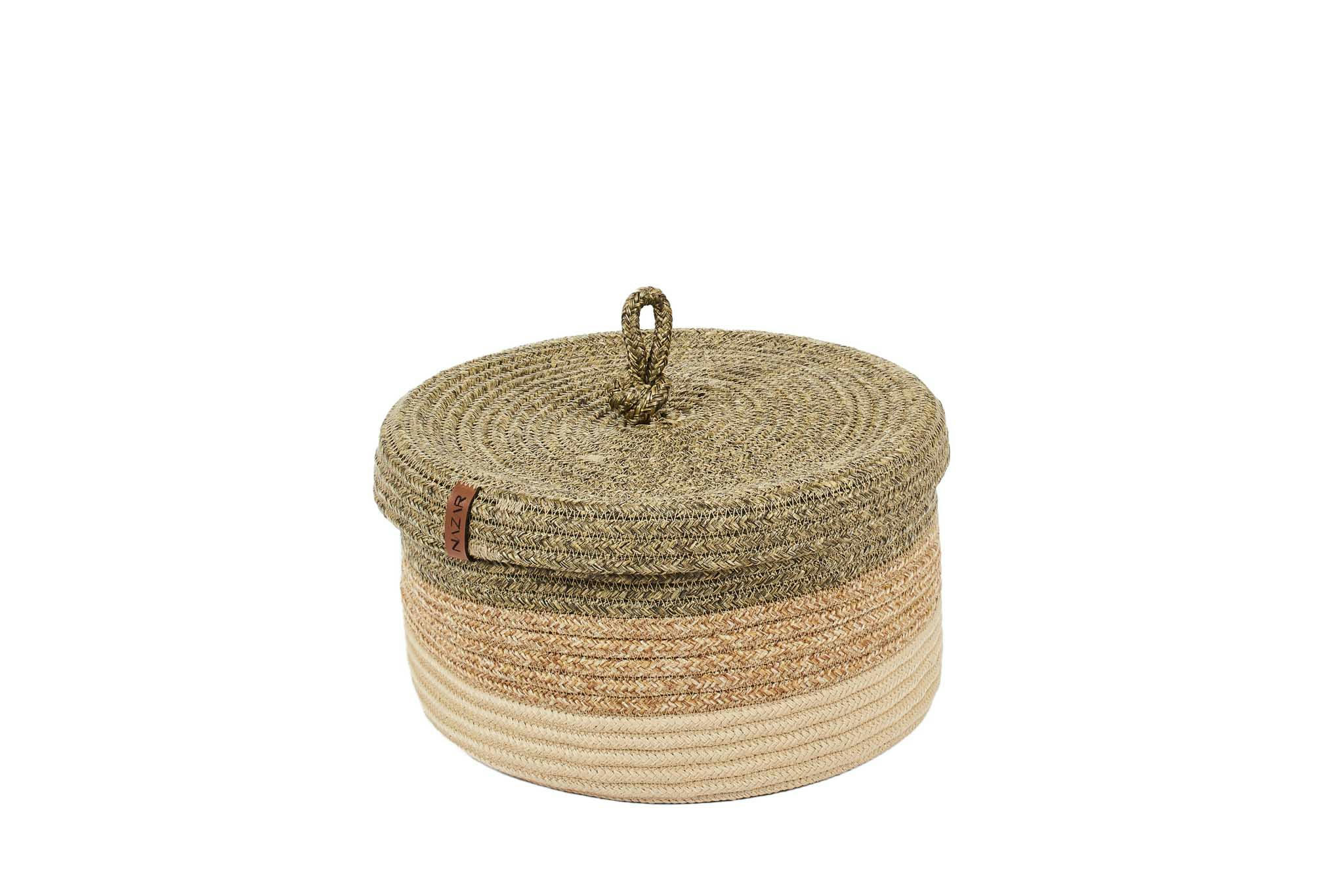 CALI - Panier tricolore aspect jute fait main marron et vert - 25x15