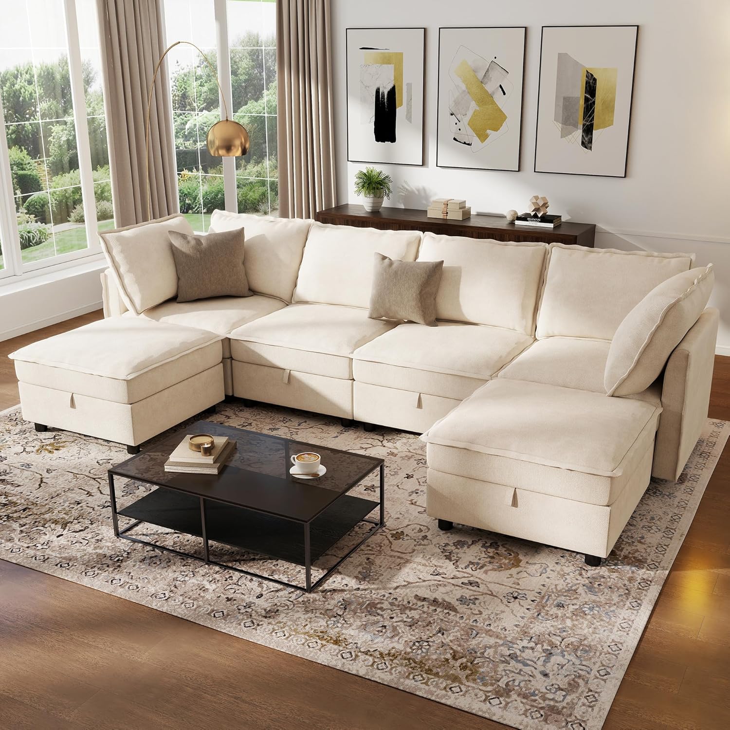 Ihanherry 129.6” Modular Sectional Sofa with Storage, U Shaped Couch for Living Room, 6-Seat Chenille Deep Seat Sofa with Movable Ottoman, Convertible Couches for Bedroom and Apartment，Beige