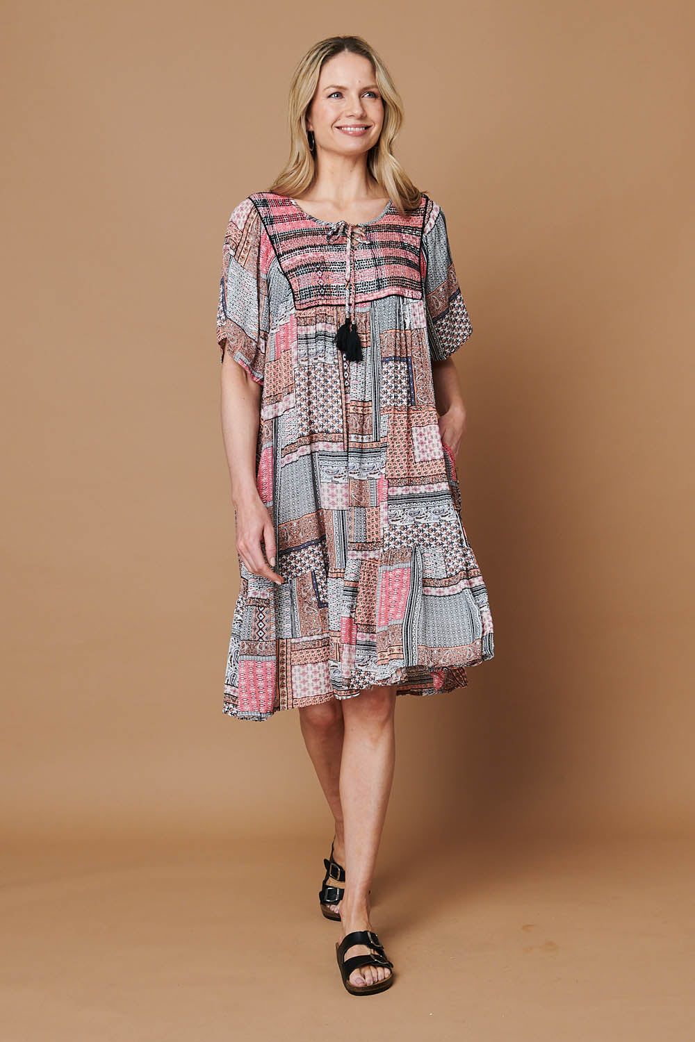 Izabel London Patchwork Tassel Knee Length Smock Dress