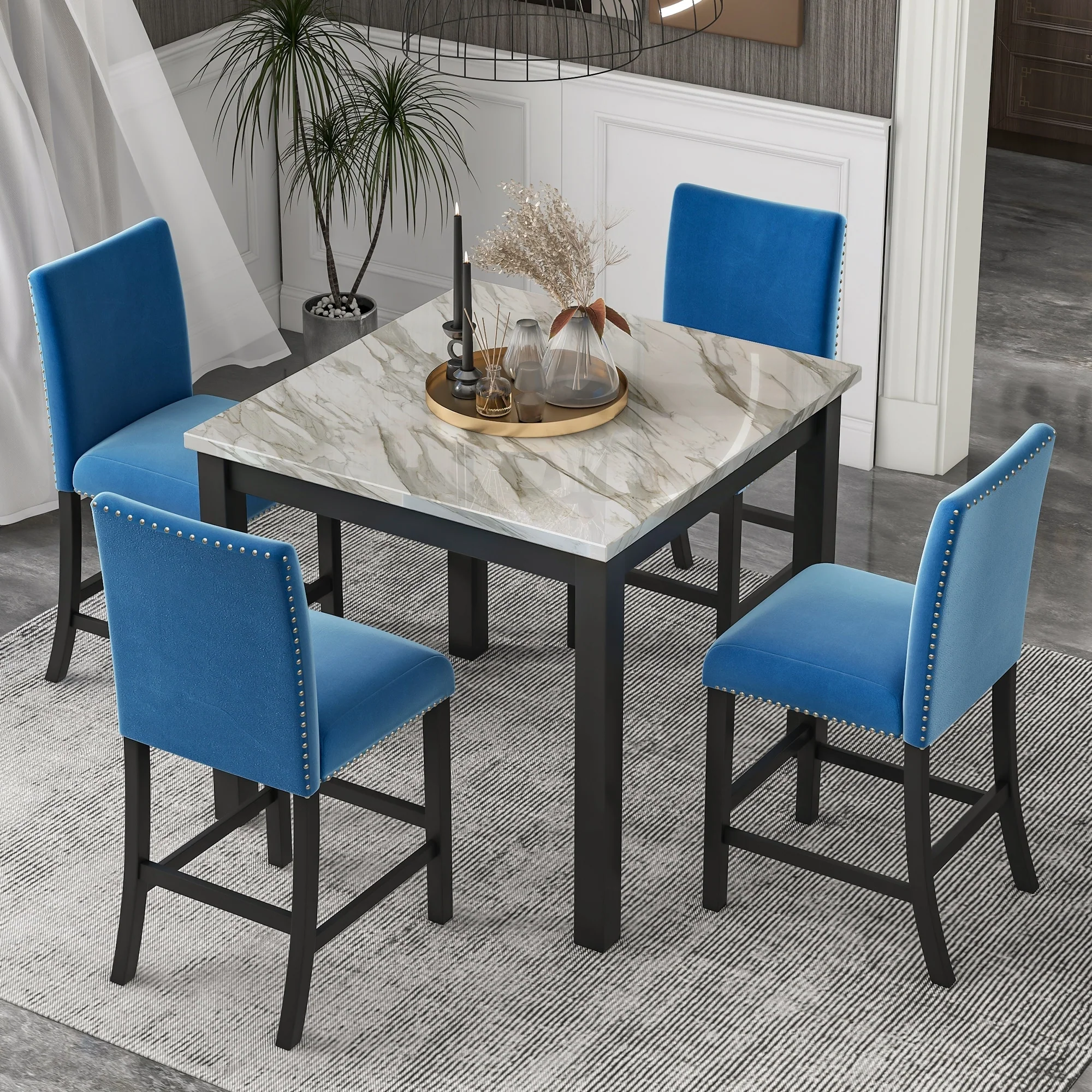 Modern 5-Piece Counter Height Dining Table Set with Faux Marble Top