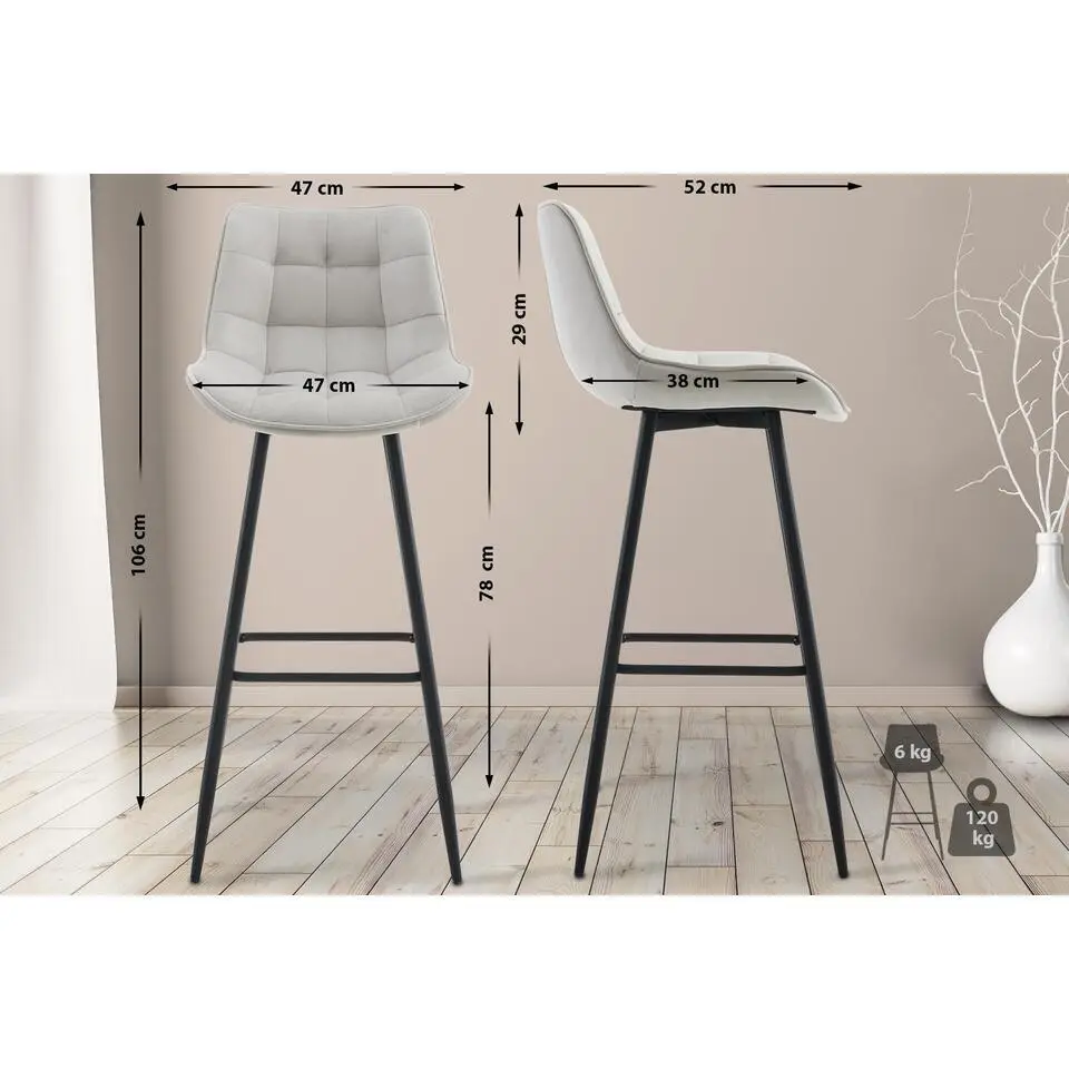 CLP Barkruk Dartford mat zwart Frame - Fluweel - grijs