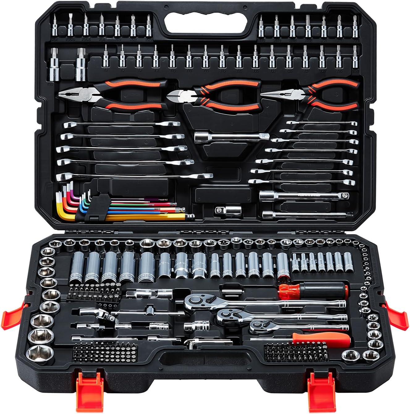 VEVOR Mechanics Tool Set, 314-Piece Mechanic Tool Kit, 1/4 in, 3/8 in, and 1/2 in Drive, Metric Socket Set, Wrenches, Screwdriver Bits, Accessories, and Storage Case, for Automotive and Home Repair