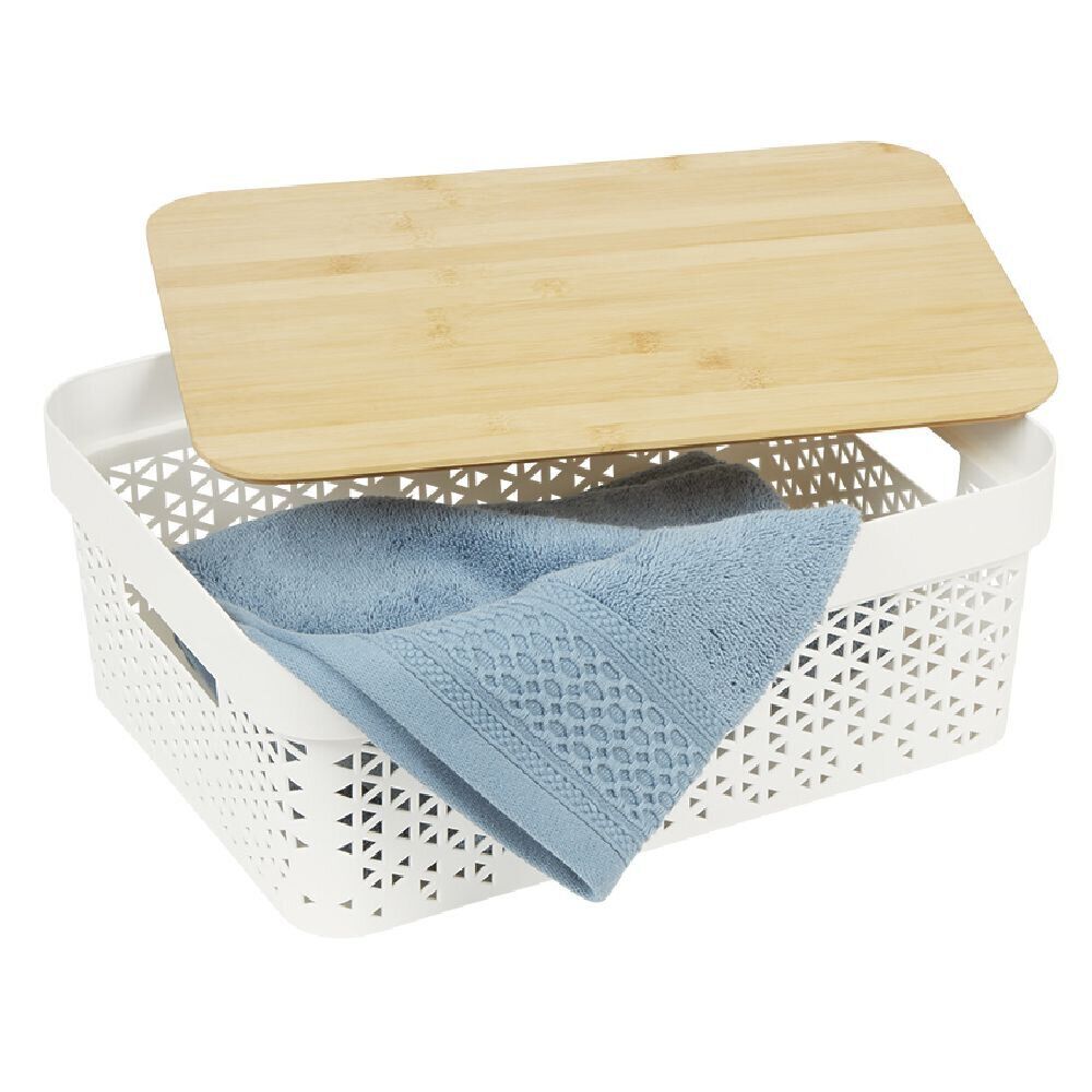 Panière de rangement blanche avec couvercle en bambou petit modèle