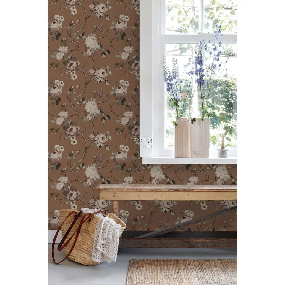 ESTAhome behang vintage bloemen terracotta bruin - 50 x 900 cm