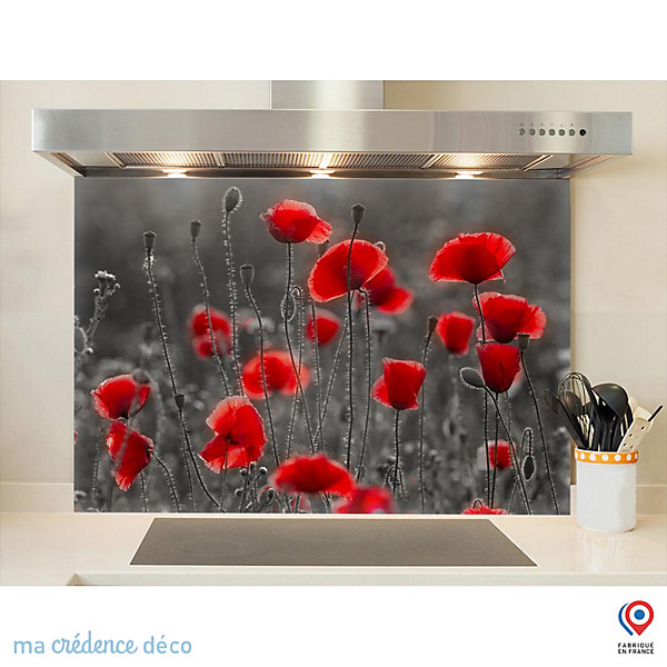 Crédence cuisine fond de hotte Coquelicots sauvages 2 - Verre trempé - L 90 cm x H 70 cm - MaCrédenceDéco