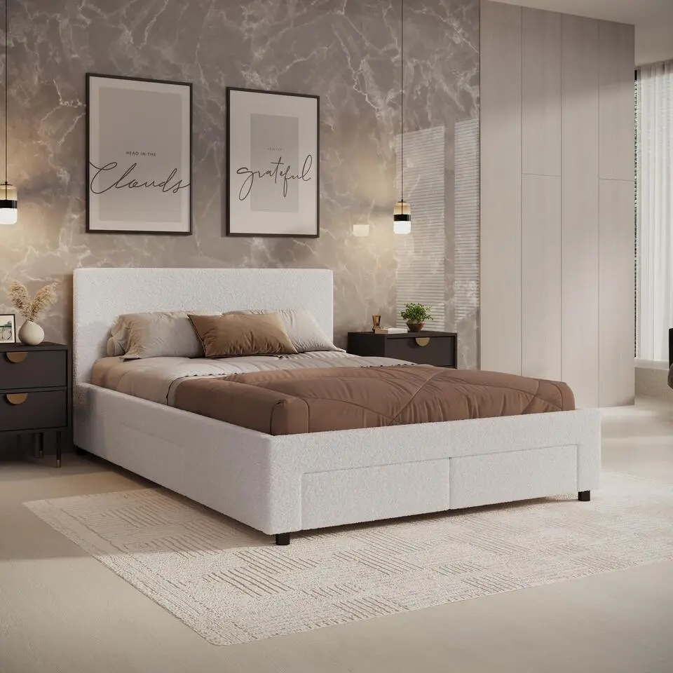 Meubella - Tweepersoonsbed Suente - Wit Teddystof - 140x200 cm