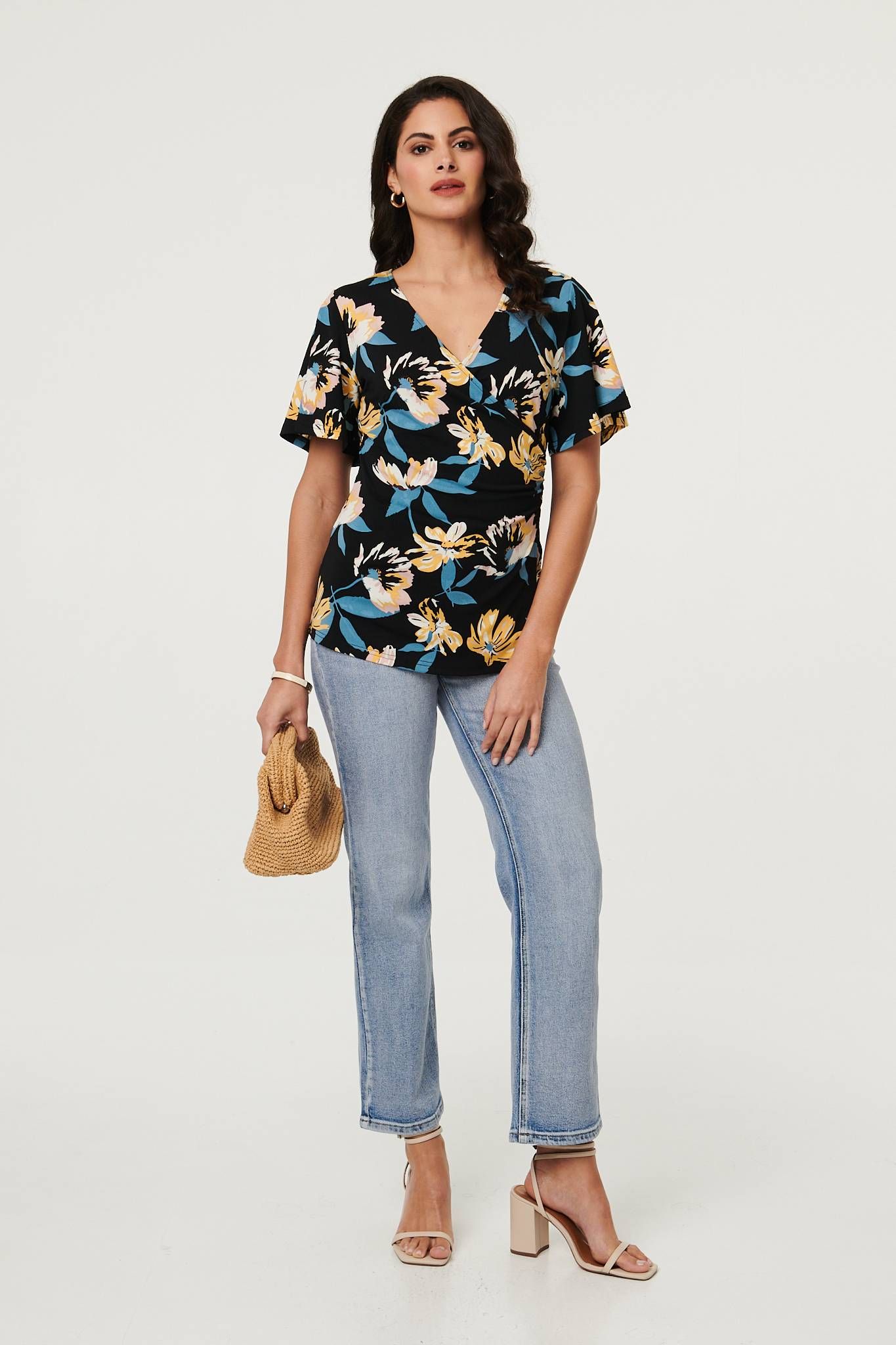 Izabel London Floral Short Angel Sleeve Wrap Front Top