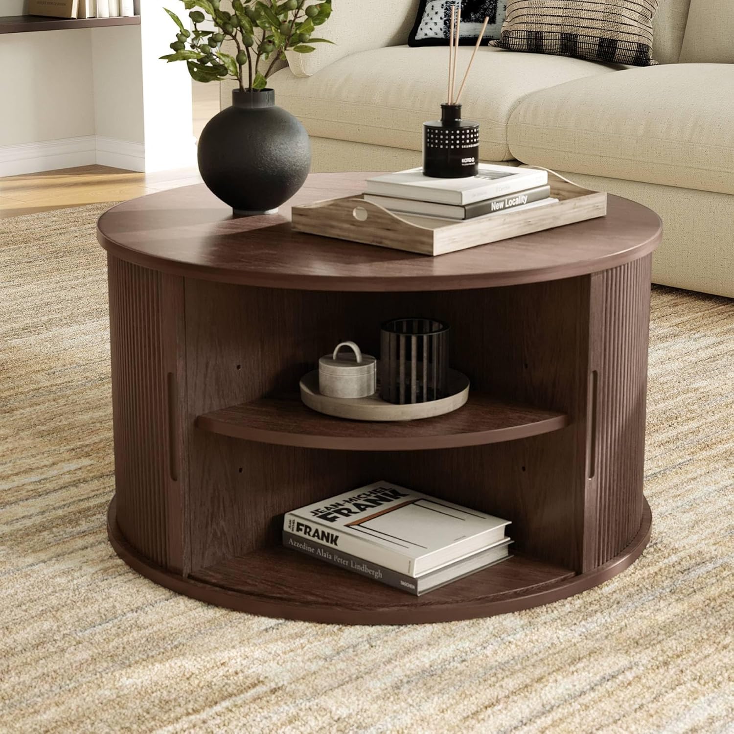 LINSY HOME Round Coffee Table, 31.5 Drum Coffee Table with Sliding Tambour Door, Fluted Accent Center Table with Storage, Mid Century Modern Coffee Table for Living Room, Walnut