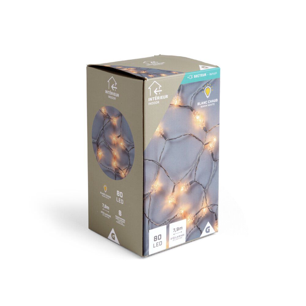 Guirlande lumineuse intérieur diamant 80LED blanc chaud 7,9m