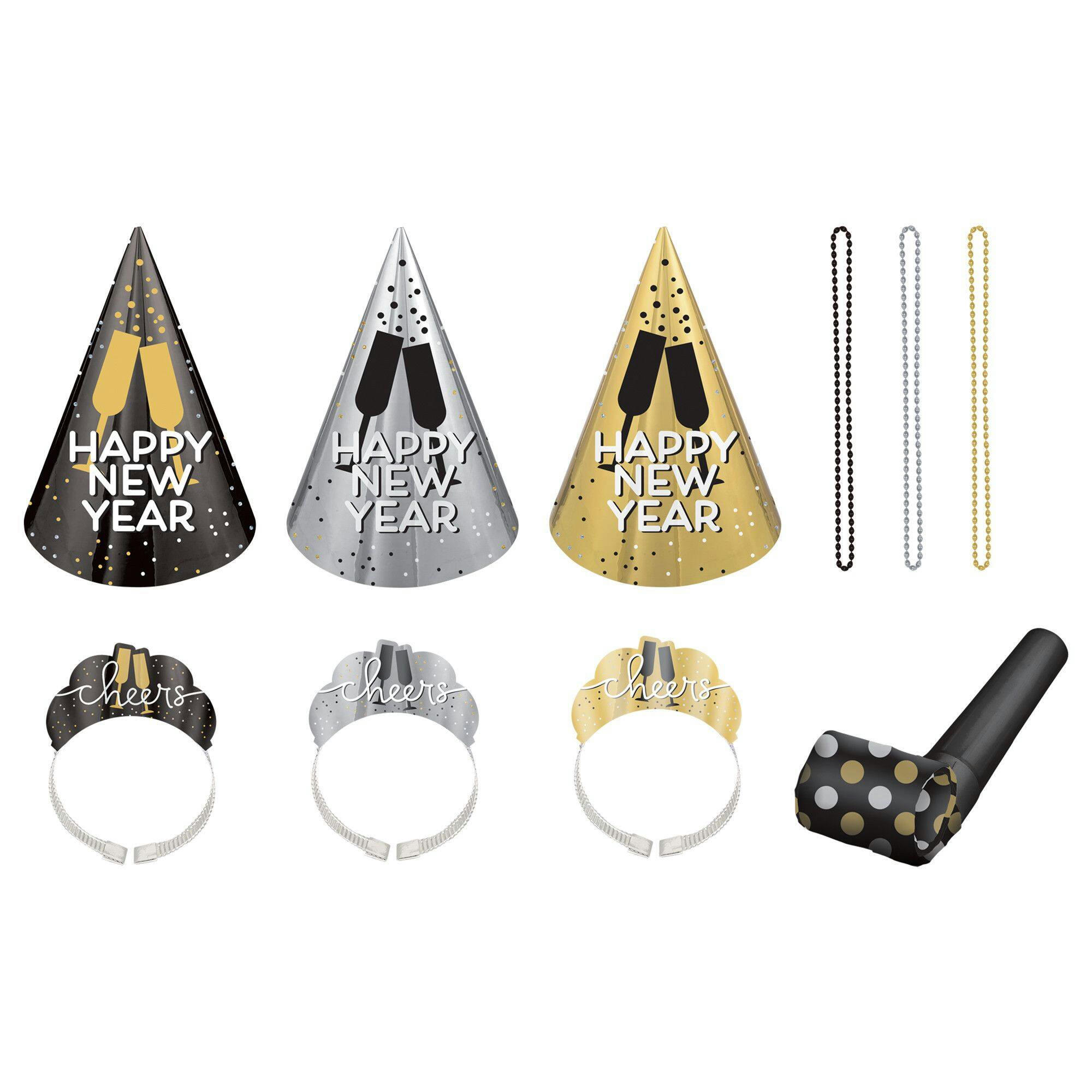 Party Kit with Cone Hats, Tiaras, Blowouts & Necklaces, Black/Gold/Silver, 10 Person Pack, for New Year's Eve