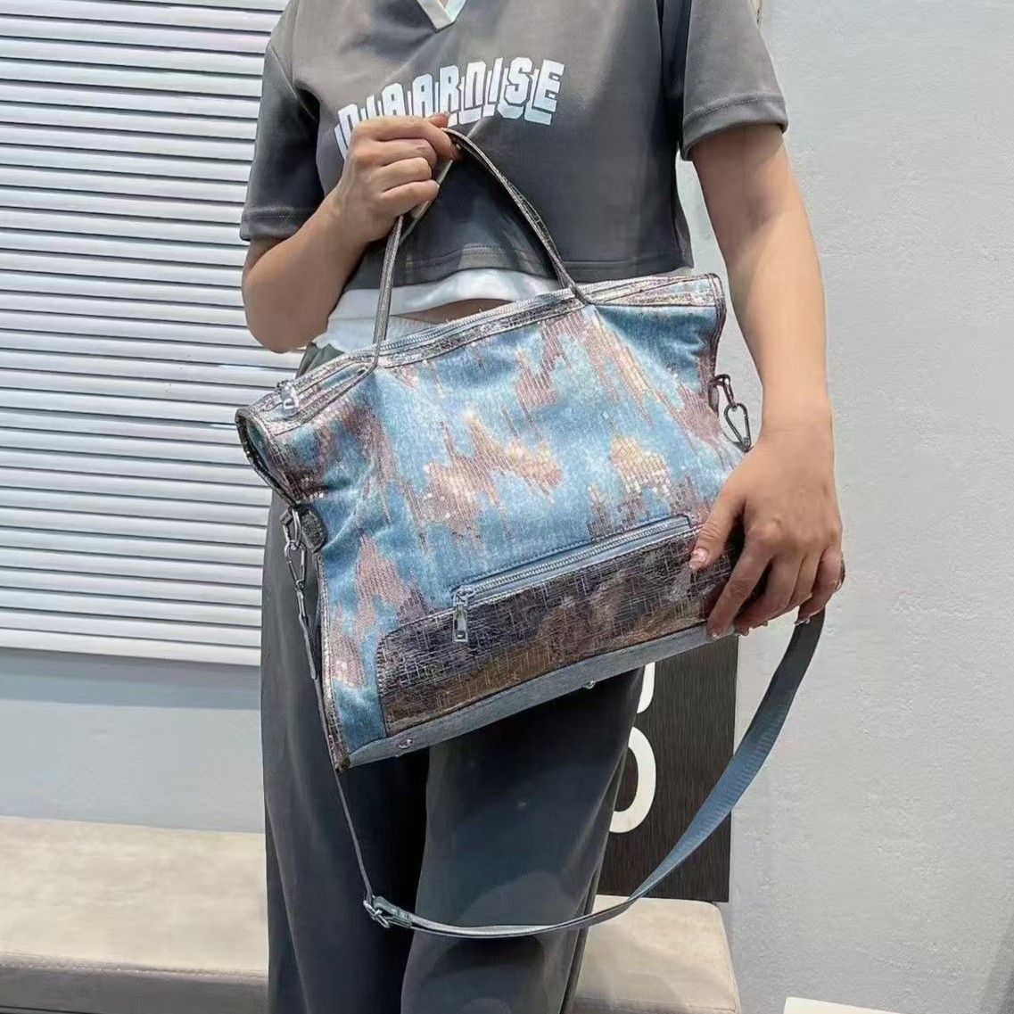 PEACH ACCESSORIES Blue Denim Glitter Tote Bag with Front Zip