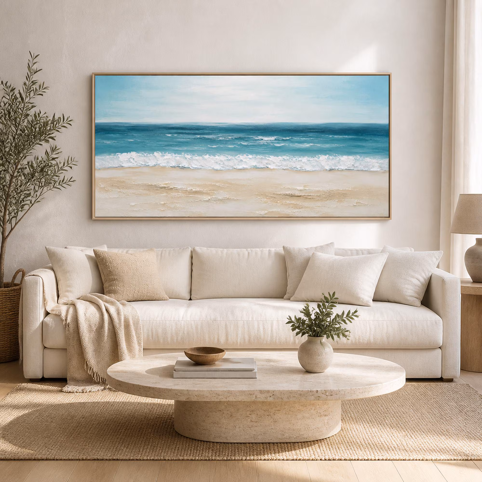 Turquoise Ocean Beach Art, Deep Teal Coastal Seascape, Panoramic Summer Decor
