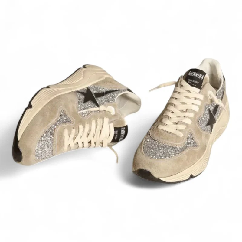 Running Sole sneakers in silver glitter and dove-gray suede with black leather star