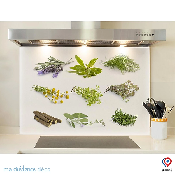 Crédence cuisine fond de hotte Herbier 5 - Verre trempé - L 90 cm x H 60 cm - MaCrédenceDéco