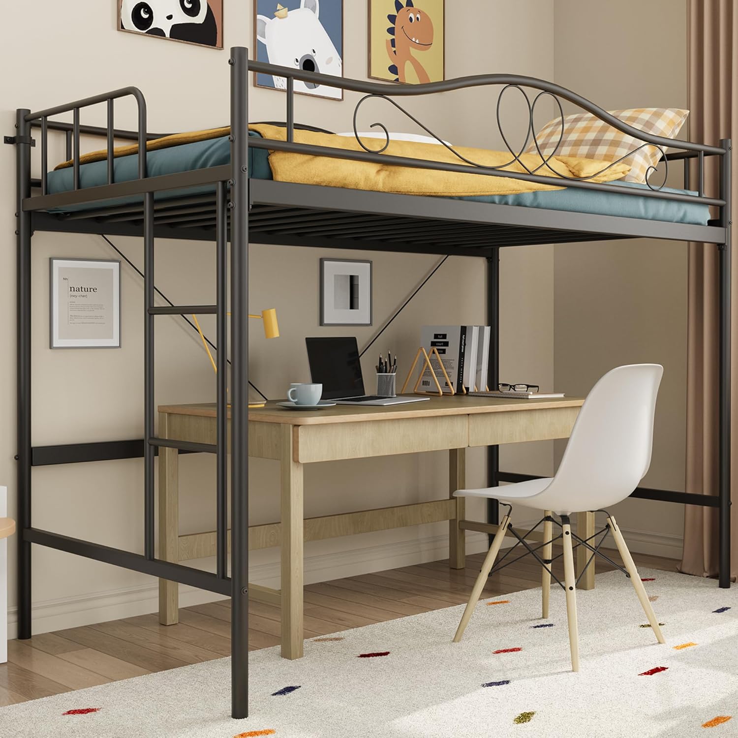 IDEALHOUSE Loft Bed Twin Size with Ladder & Full Safety Guardrail, Heavy Duty Metal Twin Loft Bed 400 Lbs Load Capacity, Space-Saving, Noise Free, No Box Spring Needed, Easy Assembly, Black