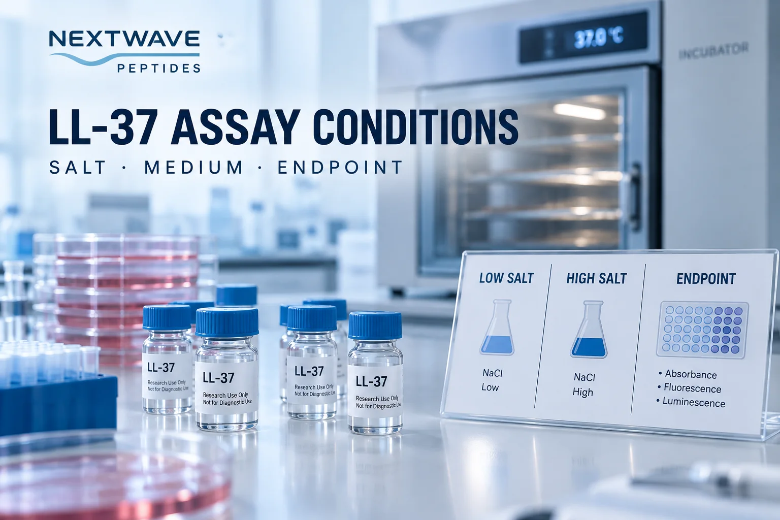 LL-37 research vials and culture plates beside a comparison board for low salt, high salt, and assay endpoints.