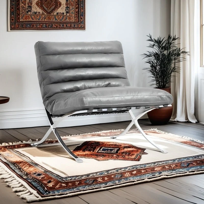 Mid Century Tufted Top Grain Leather Upholstered Lounge Chair