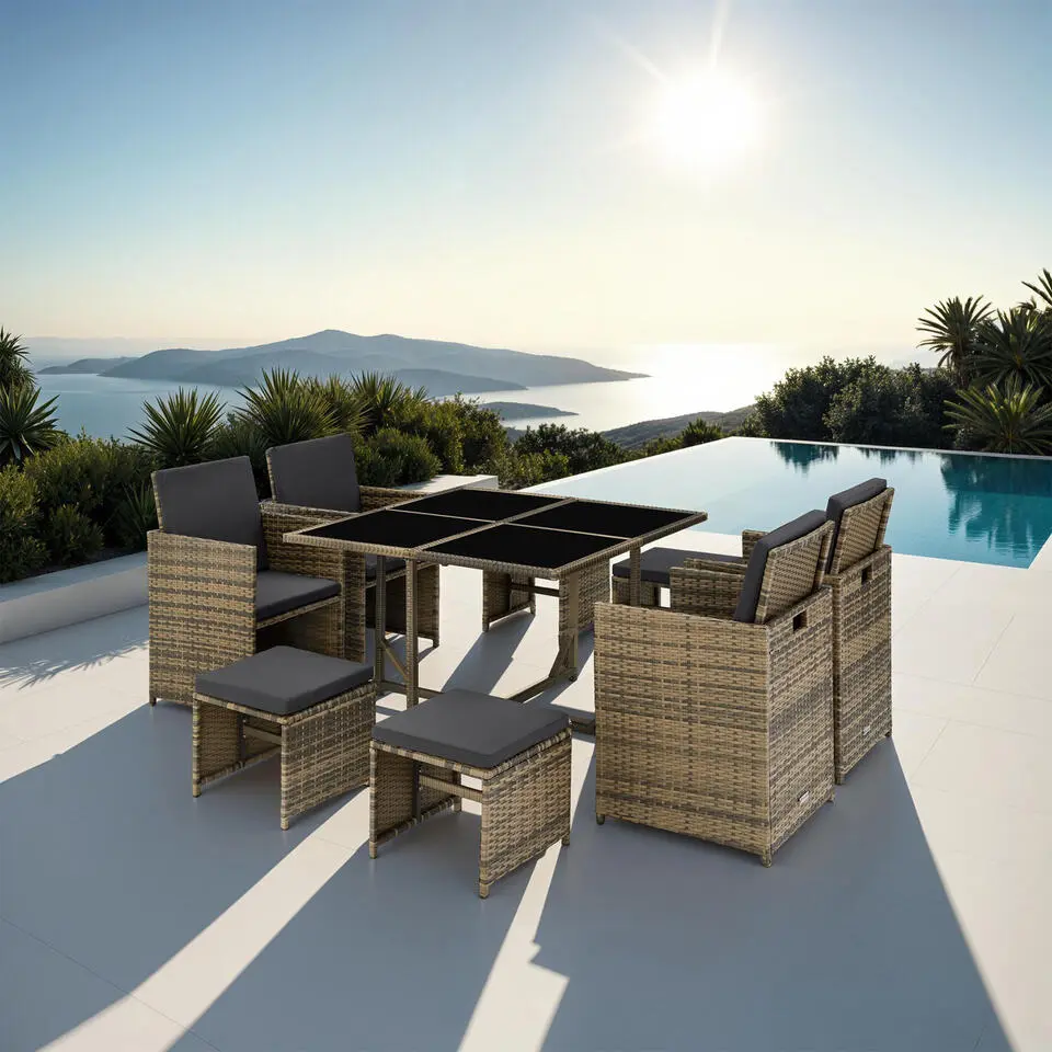 tectake - tuinset Bilbao - wicker met beschermhoes - natuurkleur