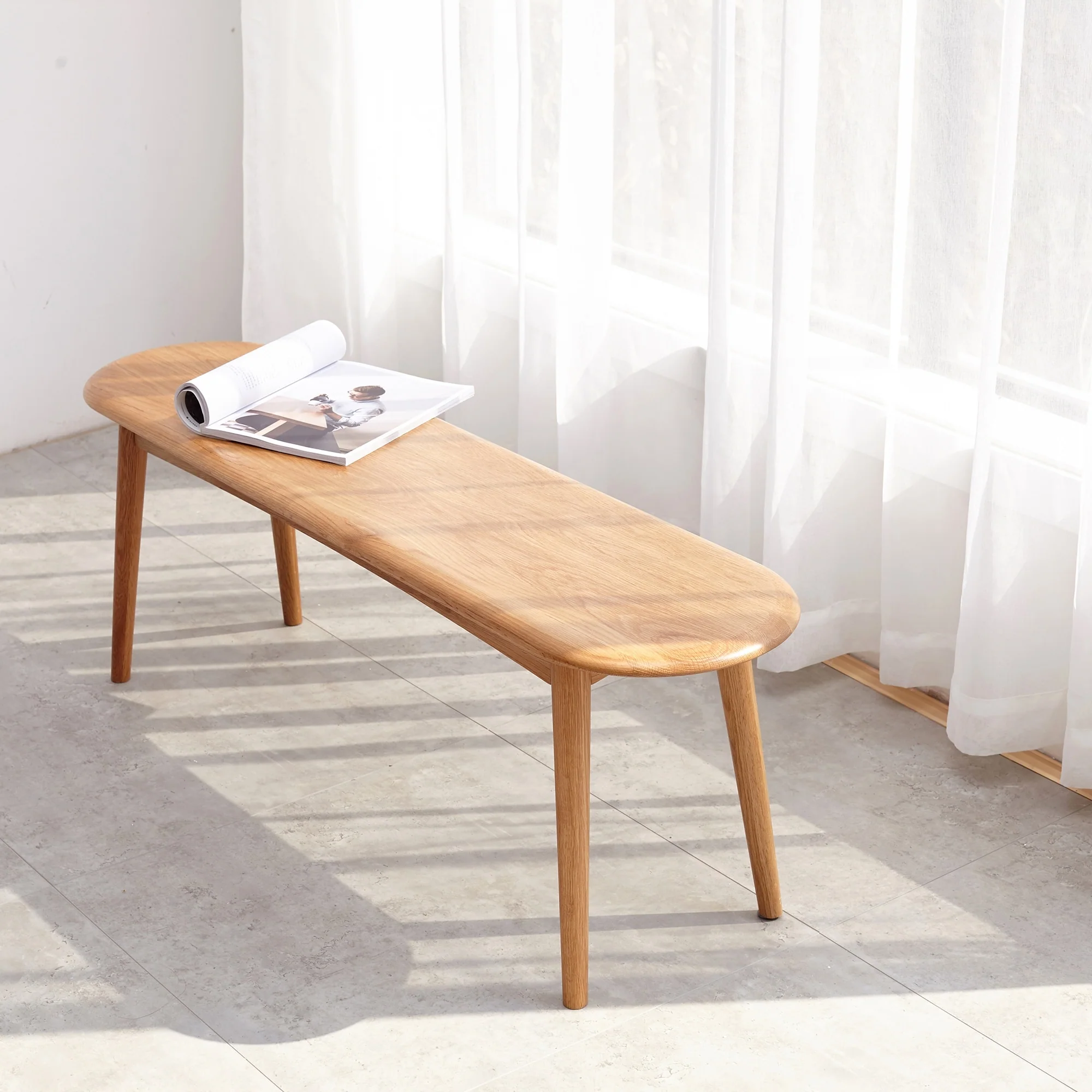GDFStudio - Elijah Natural Oak Wood Bench with Wide Seat and Half-Round Ends