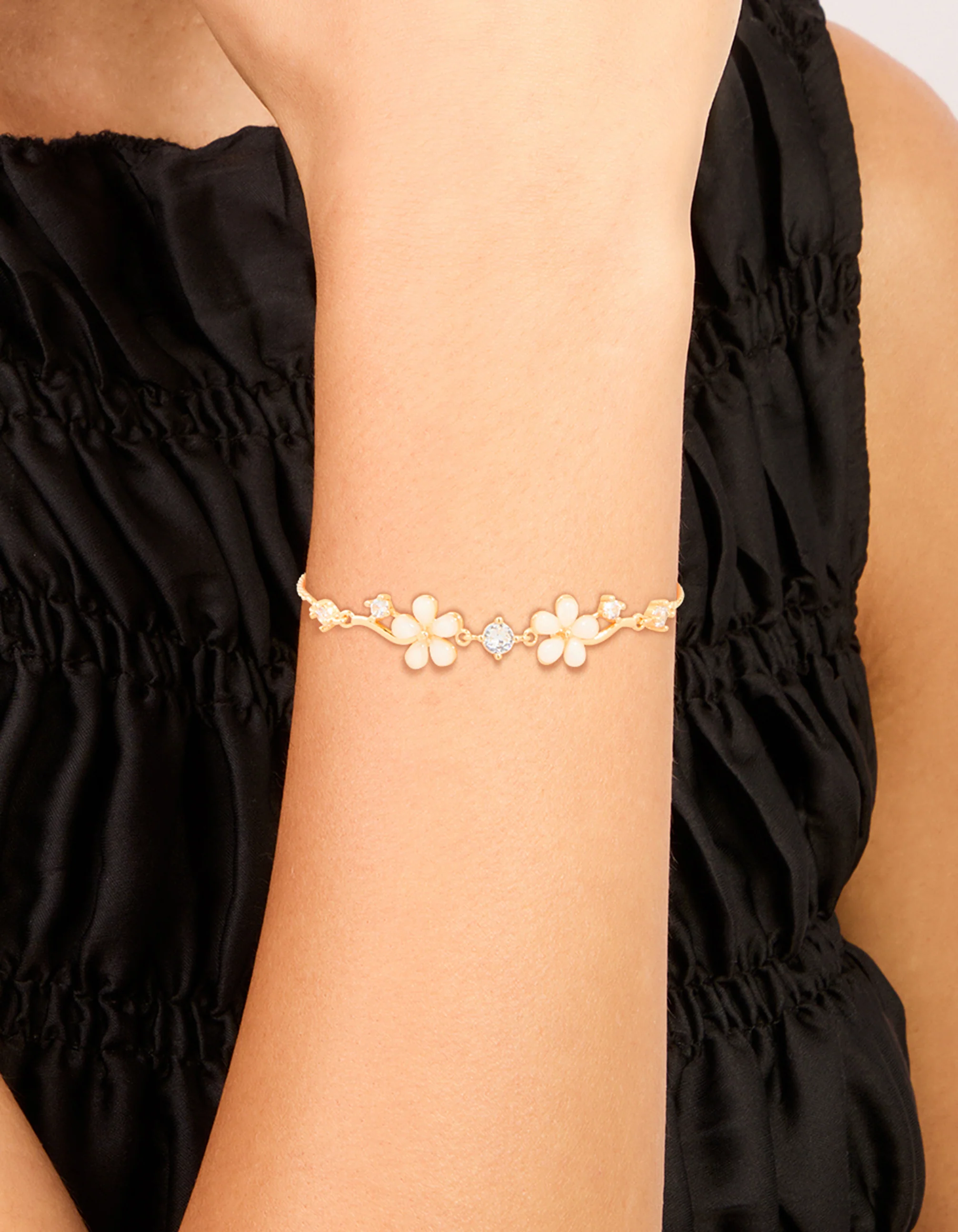 Gold Plated Cubic Zirconia Flower Detail Toggle Bracelet