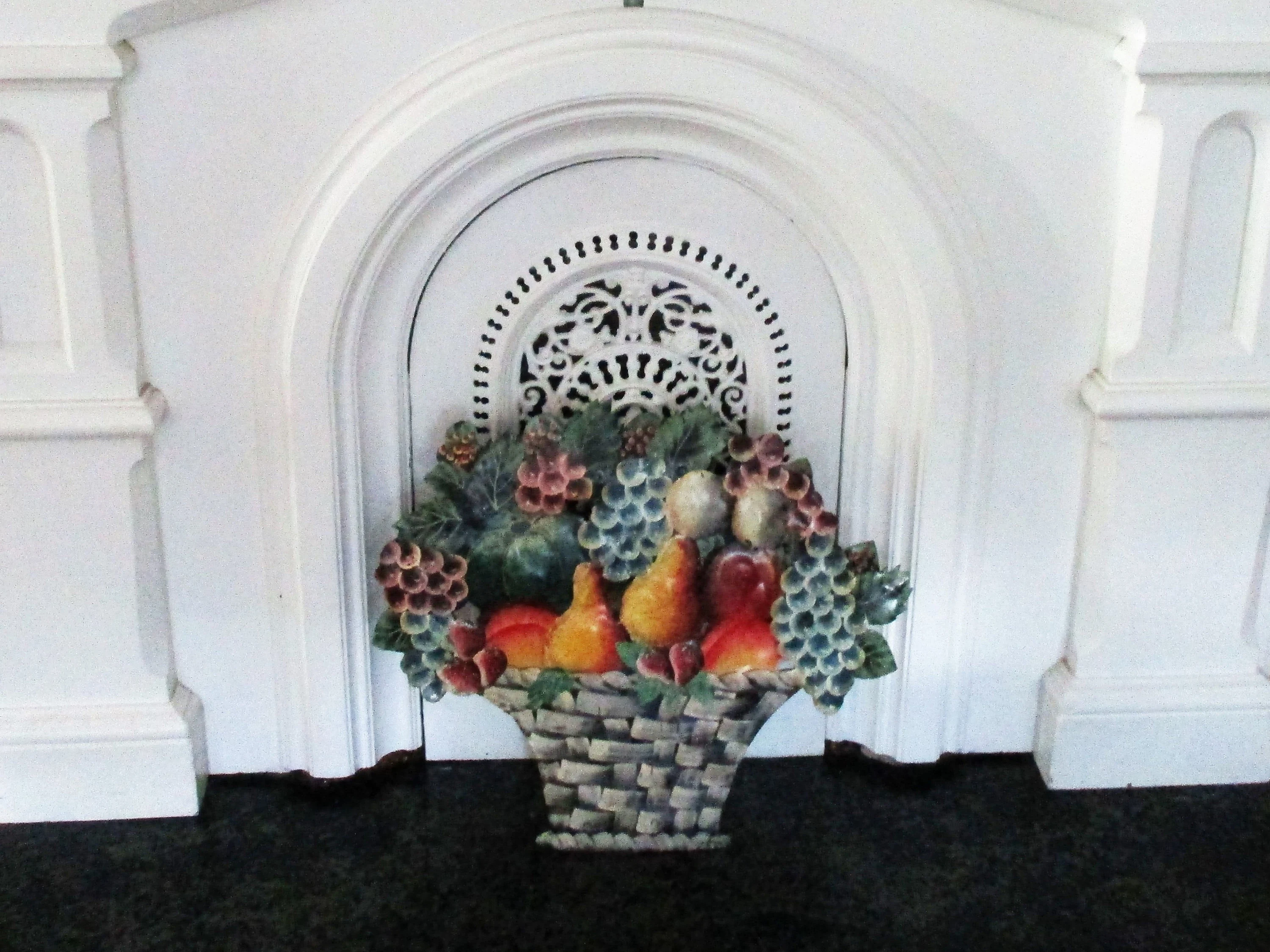 Vintage Metal Fireplace Screen Dummy Board Hand Painted Tole Fruit Basket
