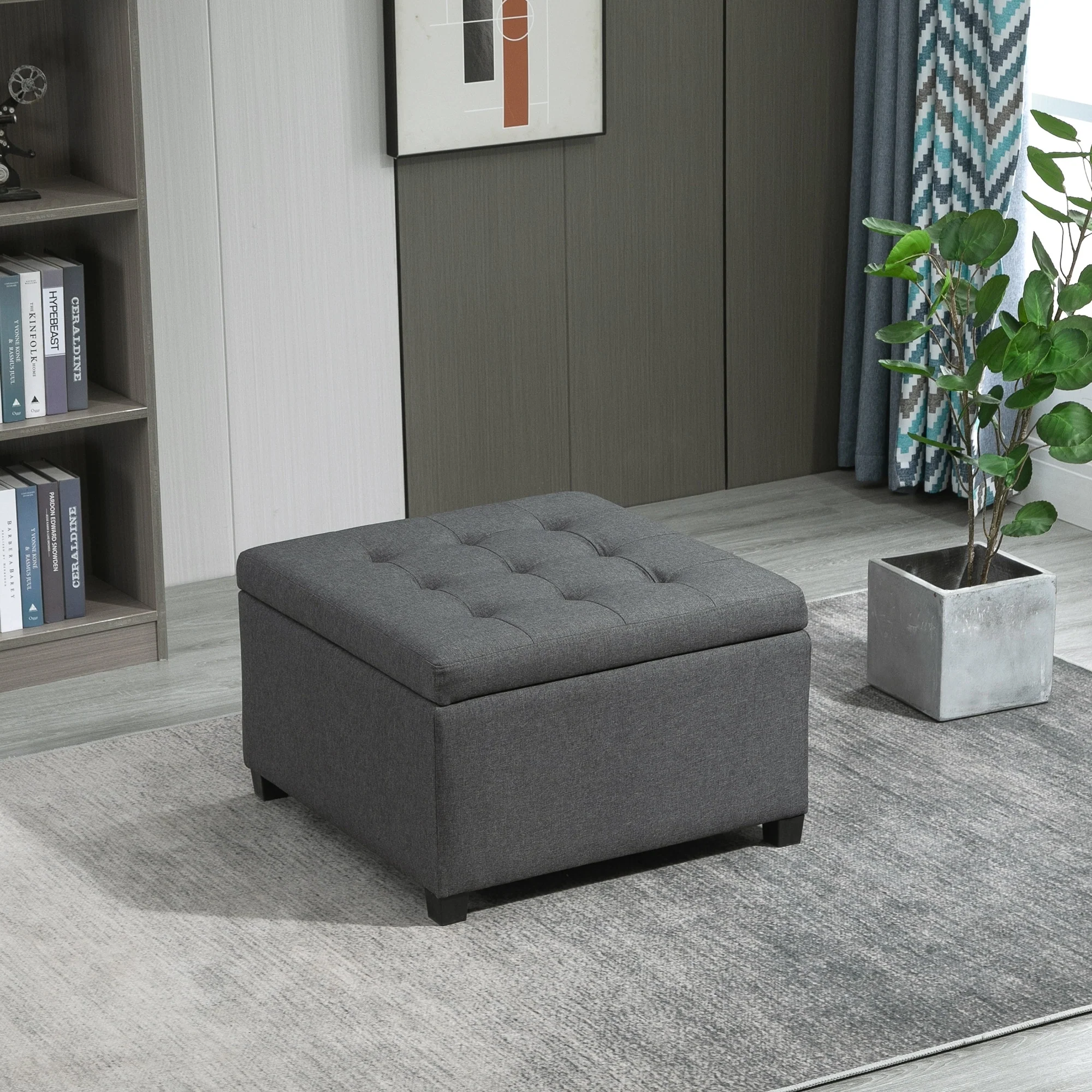 HOMCOM Fabric Tufted Storage Ottoman with Flip Top Seat Lid, Metal Safety Hinge and Stable Rubberwood Legs