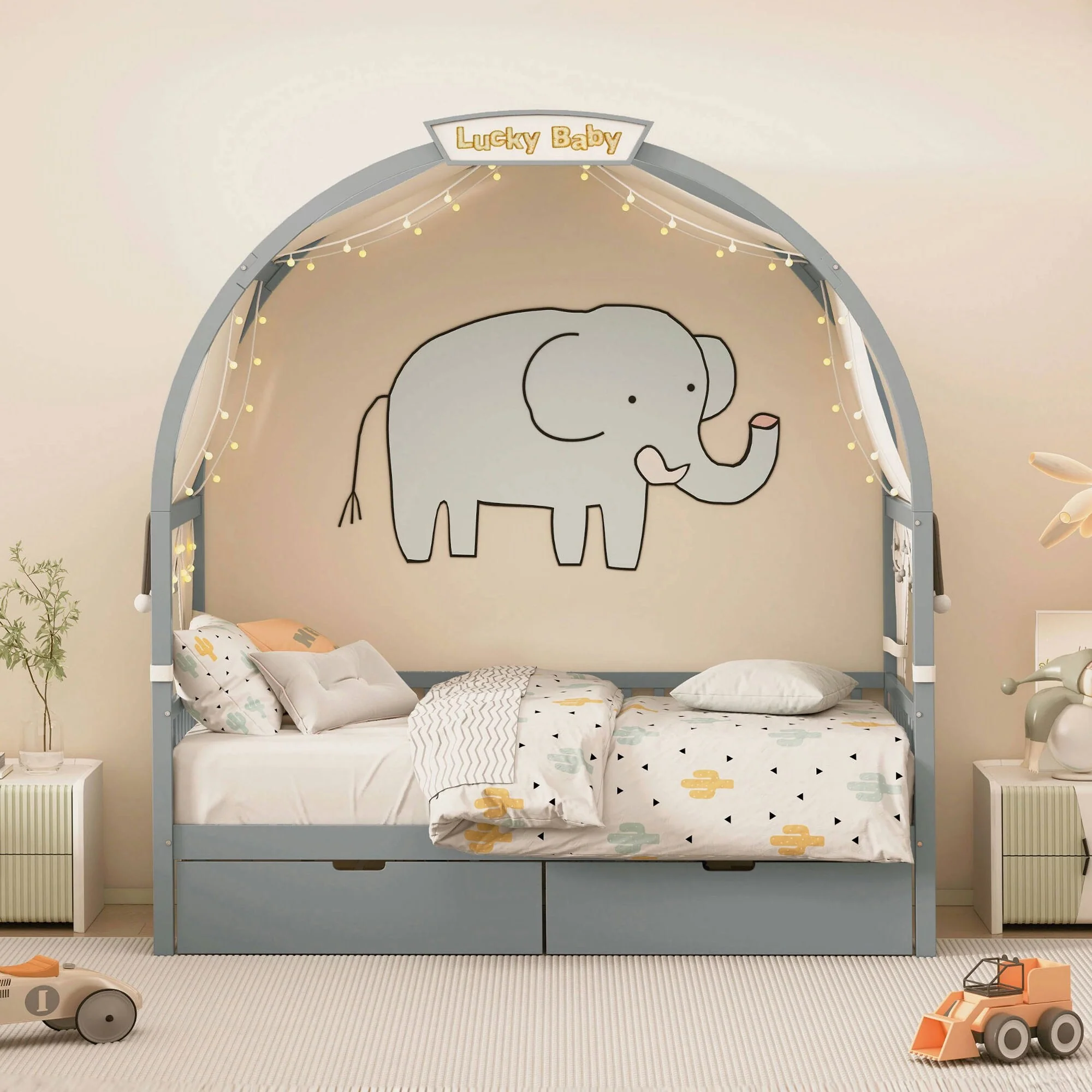 Twin Size Daybed with Arched Roof, 2 Drawers, Wood House Canopy Bed with Fabrics Curtain and Light Strip for Kids Teens, Gray