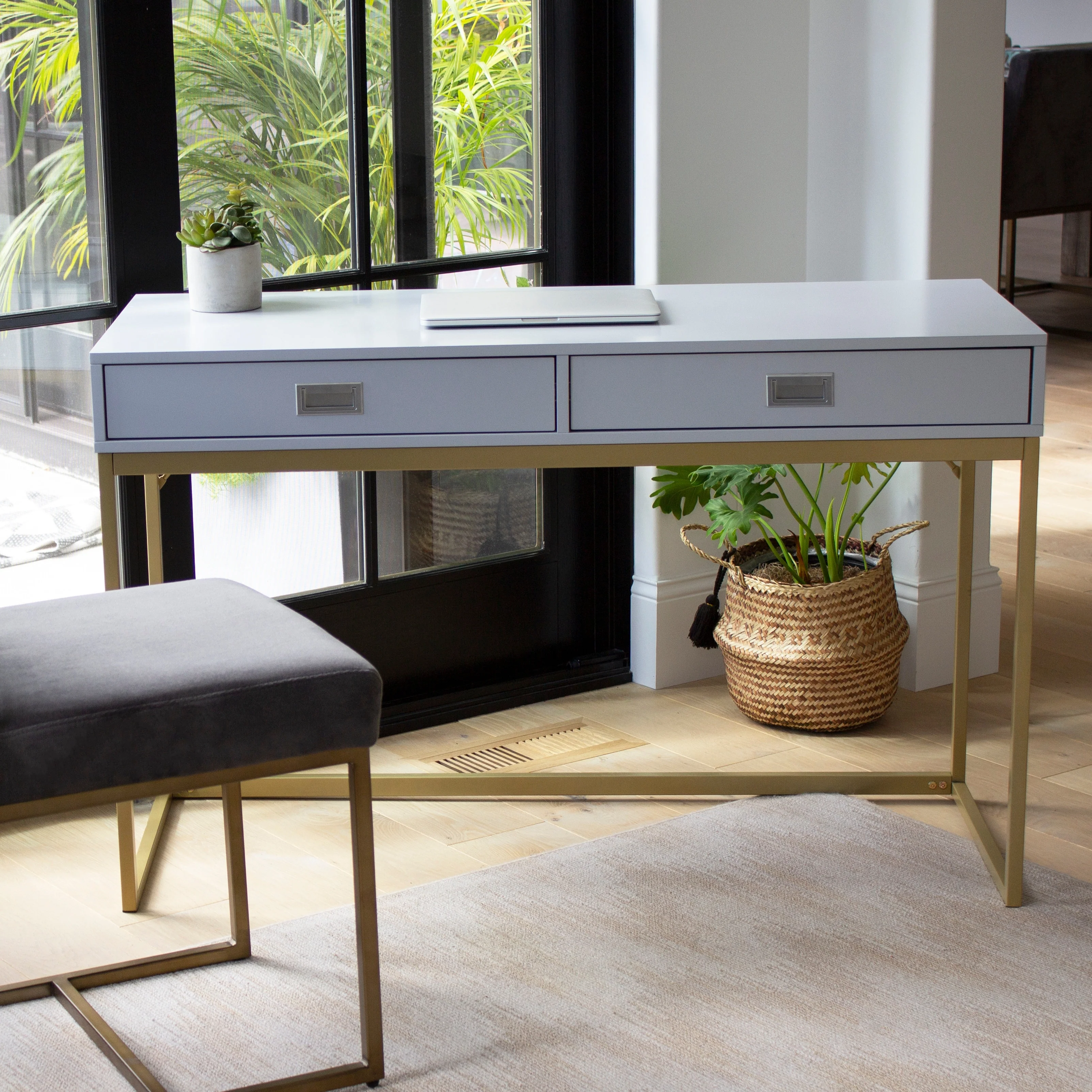 Light Blue, Gold Writing Desk with Easy Pull Drawers