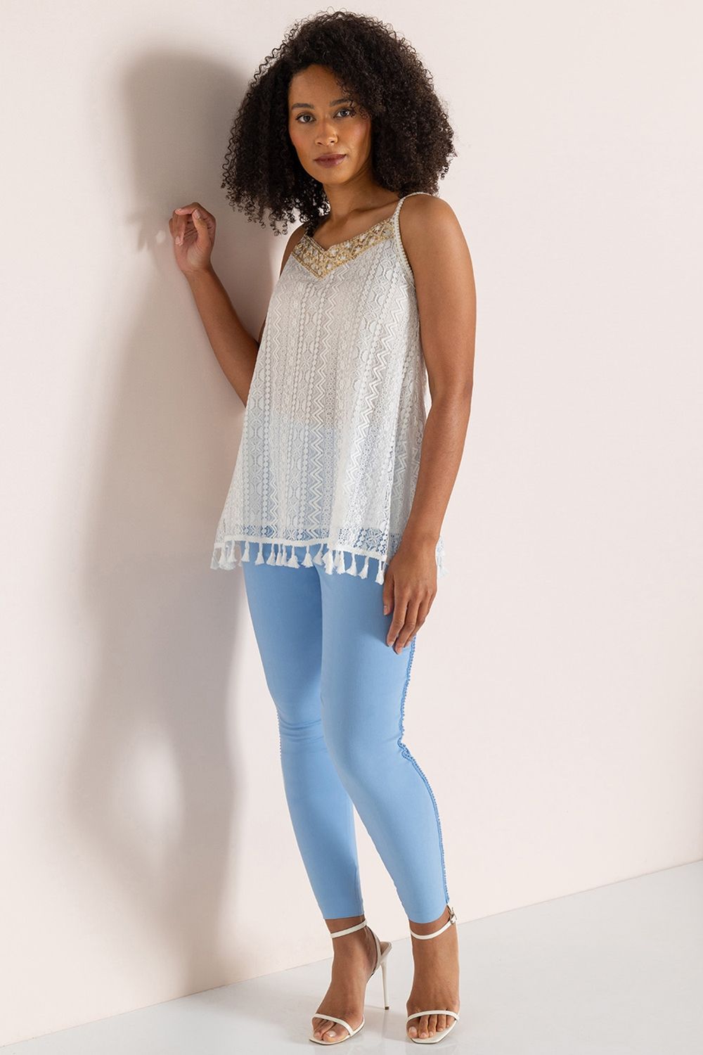 Klass. Embellished Lace Strappy Top
