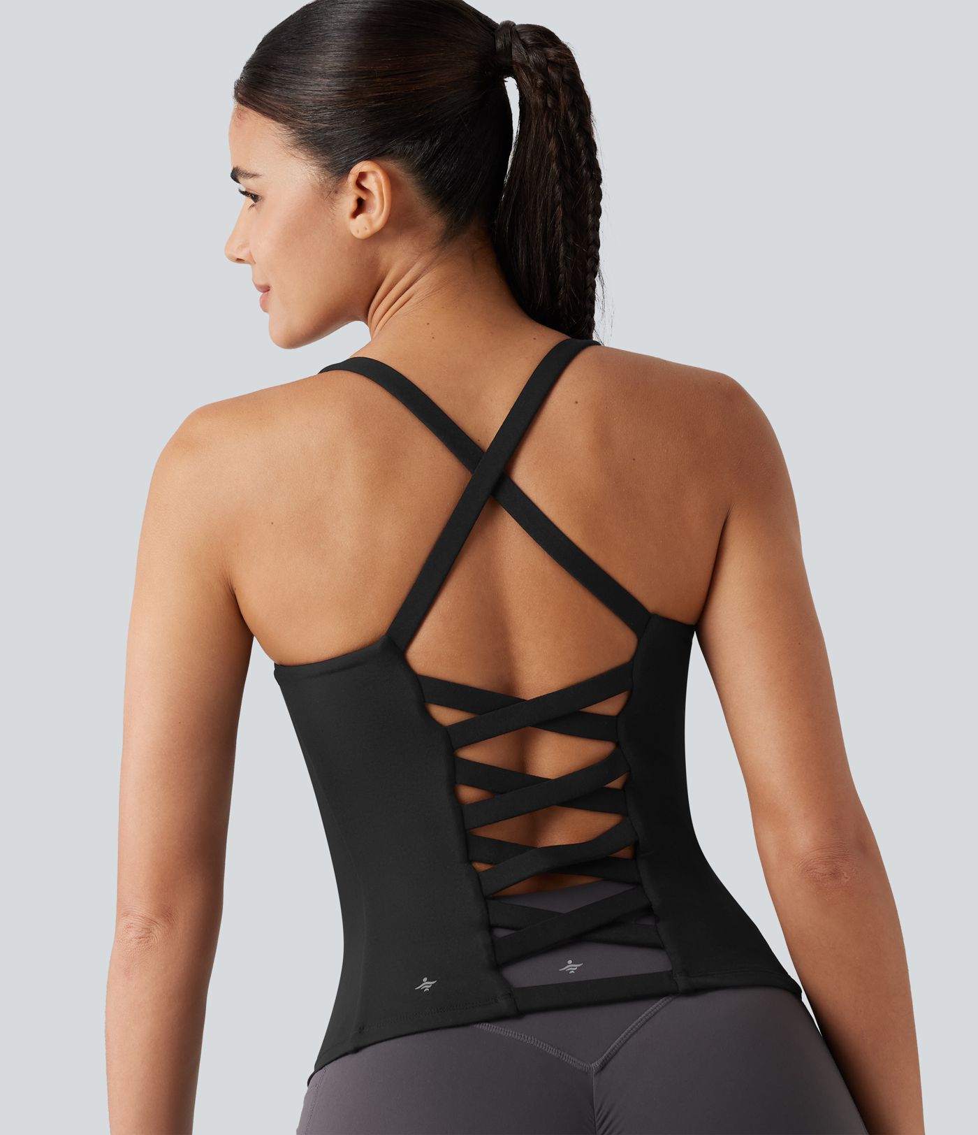 Débardeur de running croisé dos nu, brassière intégrée — version longue — bonnets A à D