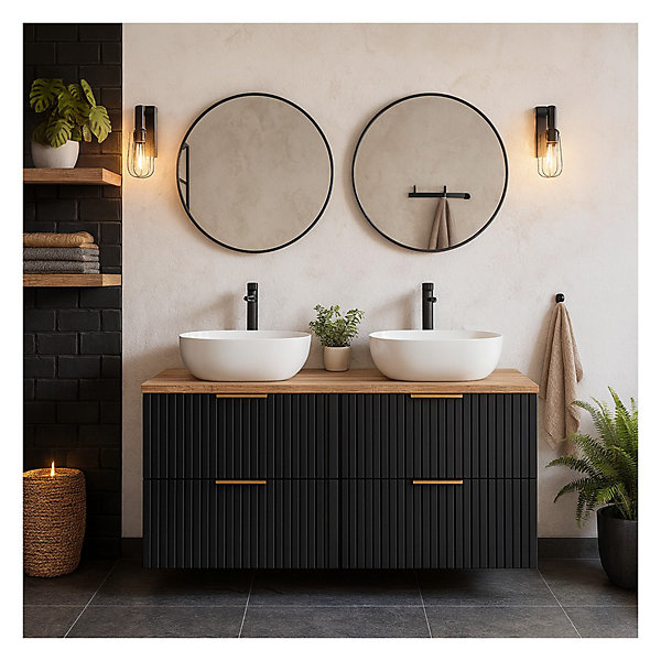 Ensemble meuble sous vasque NOXERA 140 cmNoir mat et chene2 meubles et 2 niches et plan pour vasque