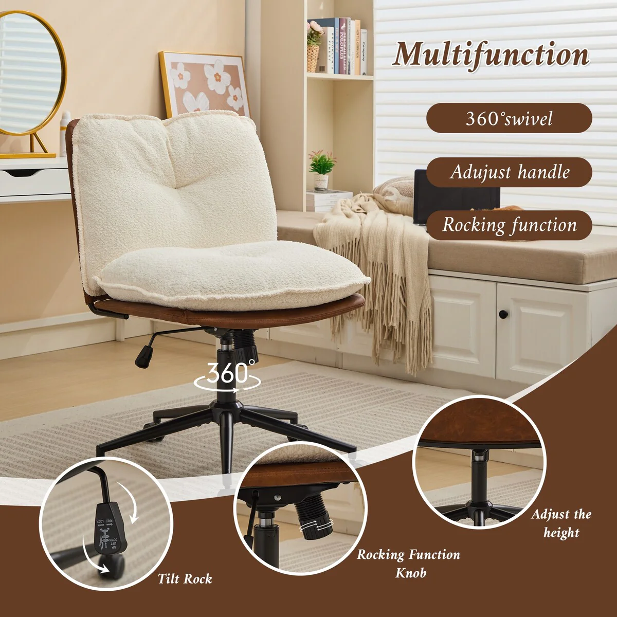 Oversize Seat Cirss Cross Chair with Wheels, Elegant Design Computer Chair, Adjustable Height 360° Rolling Swivel Office Chair
