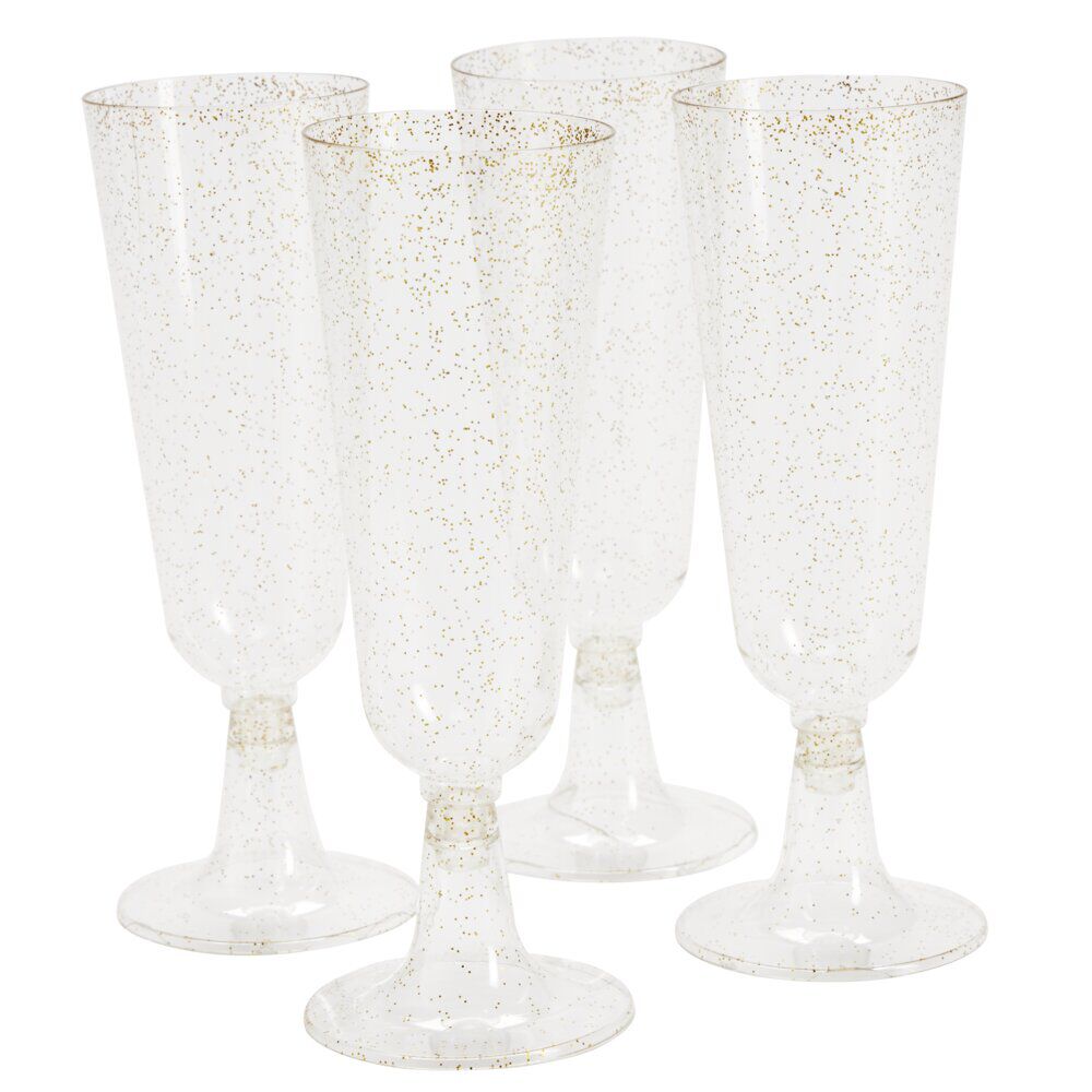 Fl&ucirc;te à champagne plastique réutilisable x4 doré pailleté Ø6xH23cm