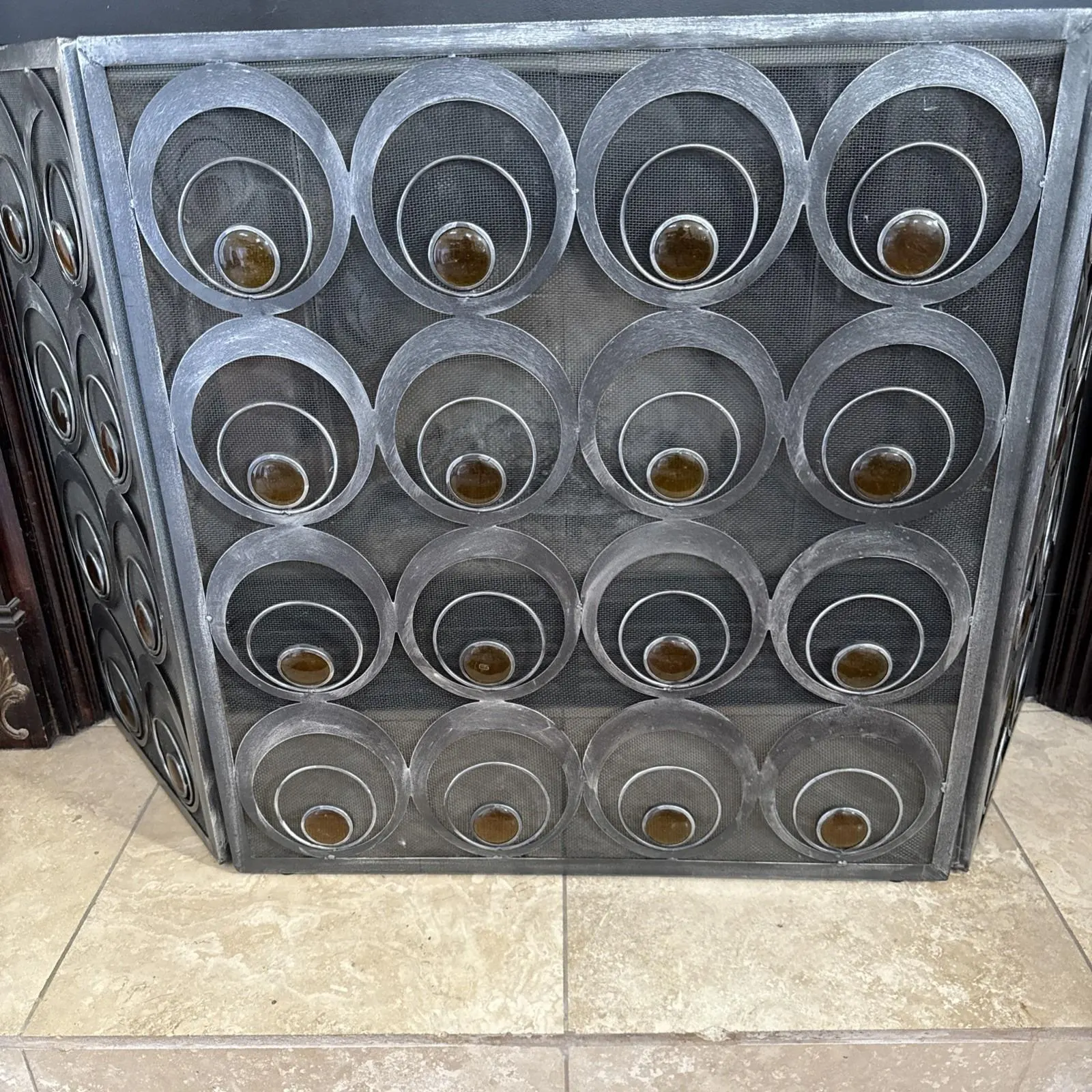 MCM Style Amber Circles Fireplace Fire Screen Modern Contemporary Spheres