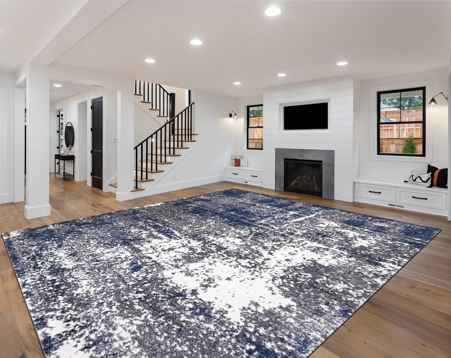 Keen Home Design Area Rugs - 9x12 Non-Shedding, Abstract Rugs for Kitchen, Living Room, Bedroom, Dining Room, Entryway - Size: 9'2 x 11'11, Navy/Grey/White