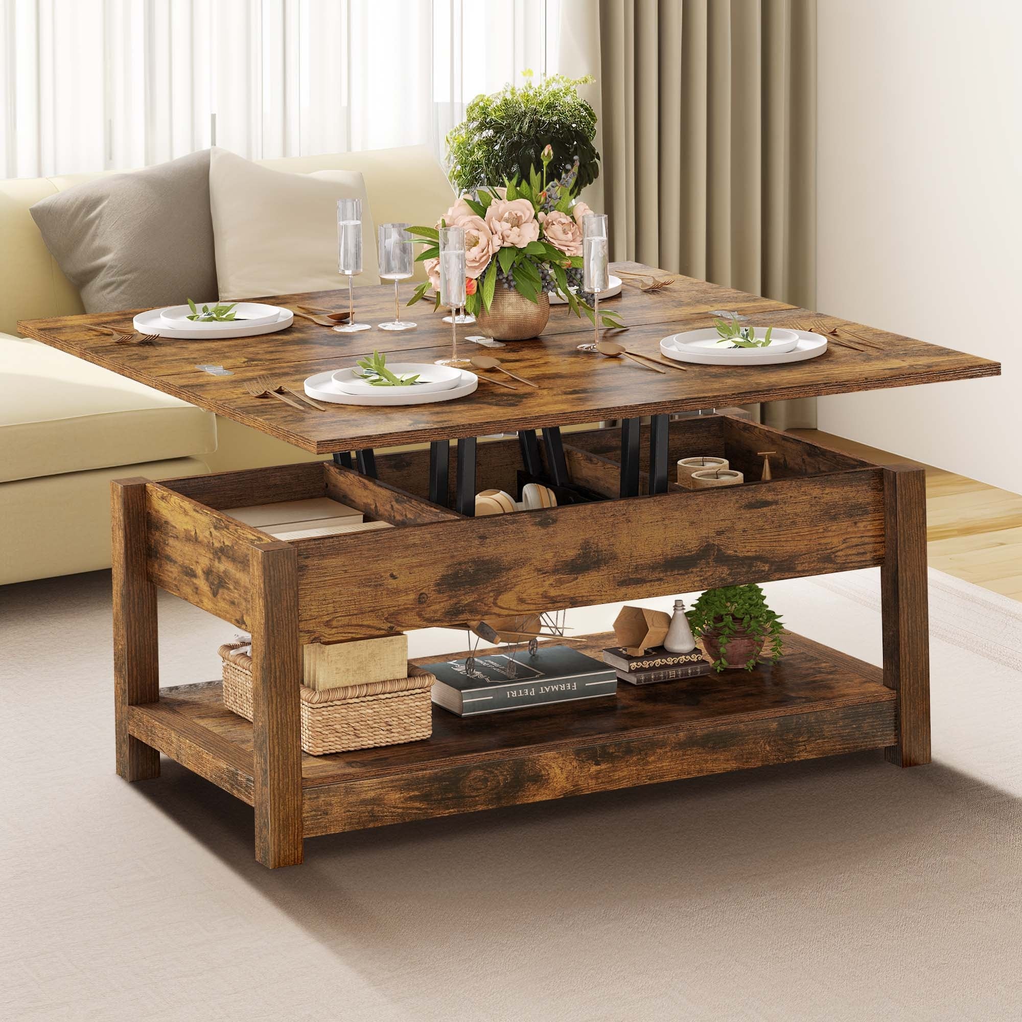 Moasis Farmhouse Lift Top Coffee Table Expandable Tabletop with Hidden Storage and Shelf for Living Room