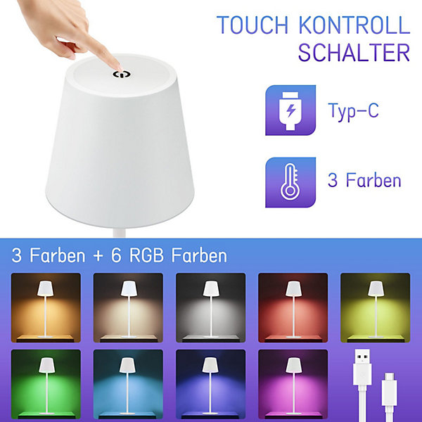 Nettlife Lampe de chevet LED RGB, 2600mAh, rechargeable, tactile, dimmable, blanc, USB