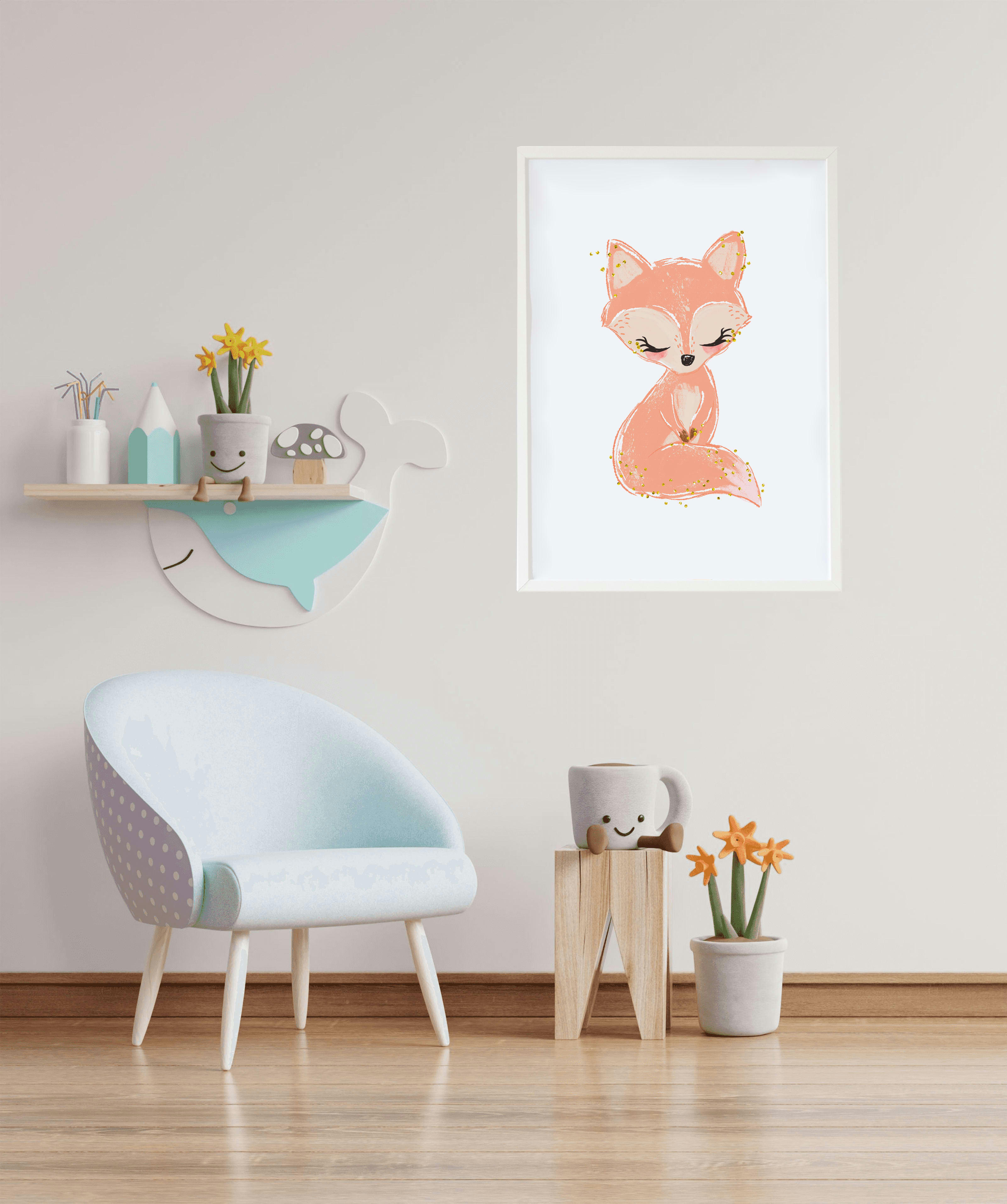 DECOWALL - Impression de renard Foxy encadrée en bois blanc 43X33 cm