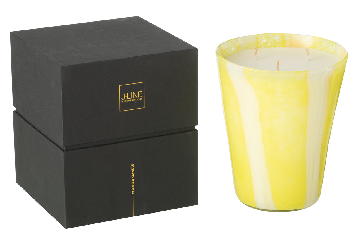 J-Line geurkaars Noa Strepen - Yashioka Gardenia - glas - geel - large - 95U