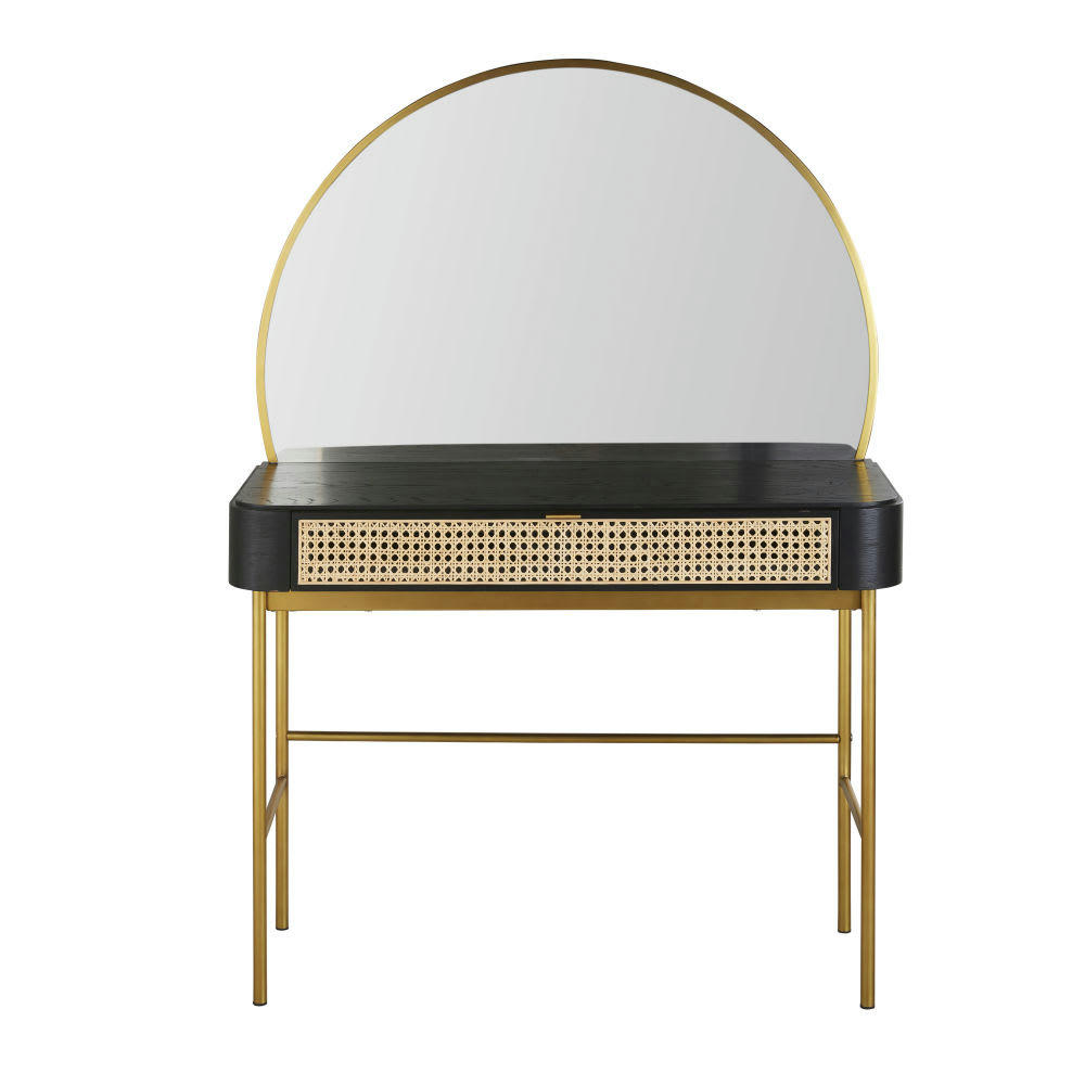 Loreto - Coiffeuse 1 tiroir noire cannage en rotin et métal coloris laiton