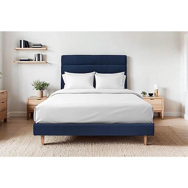 Lit avec tête de lit lignes velours et sommier kit- Lit en bois massif