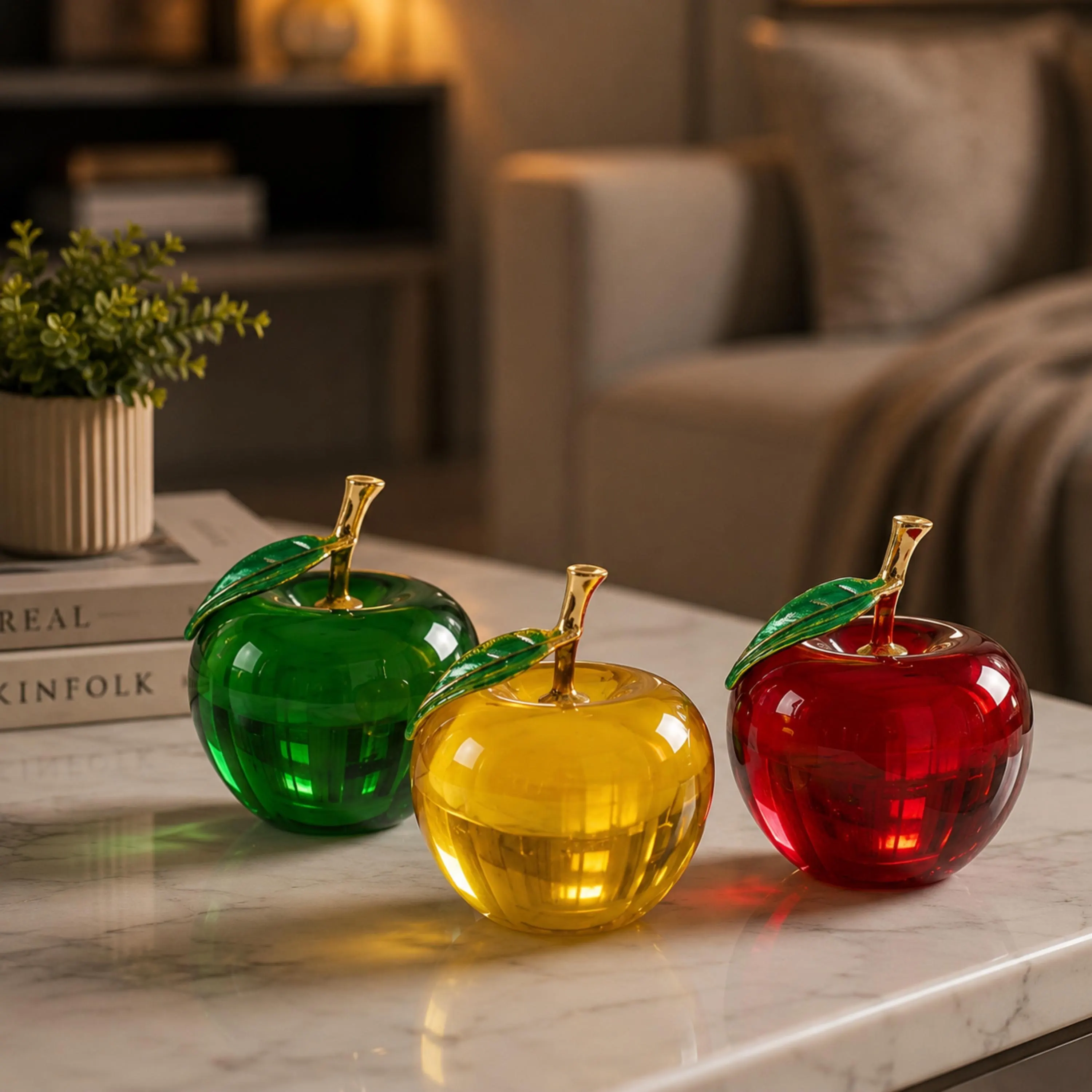 Glass Apple Crystal Golden Ornament Kitchen Shelf Unique Decor Fruit Sculpture Modern Paperweight Desk Accessory Luxury Gift Cute Chef Chefy