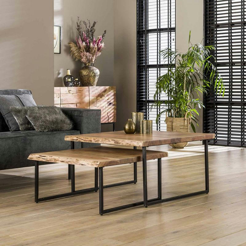 MARJORIE - Ensemble de 2 Tables basses industrielles en acacia massif naturel