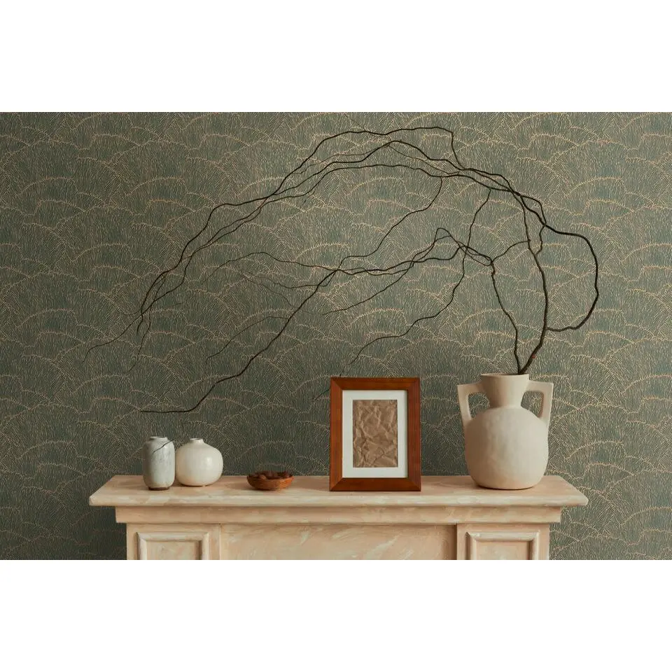 Livingwalls behang effen goud, groen en metallic - 53 cm x 10.05 m
