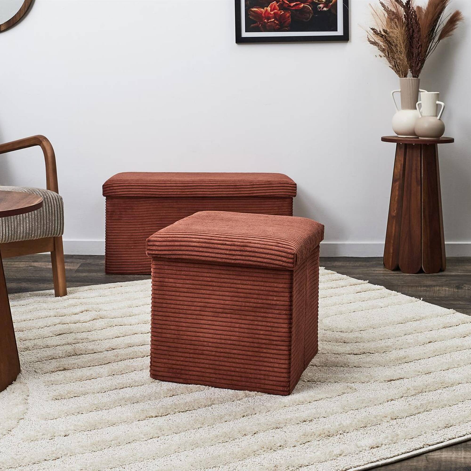 Coffre-pouf pliable, rev&ecirc;tement tissu c&ocirc;telé