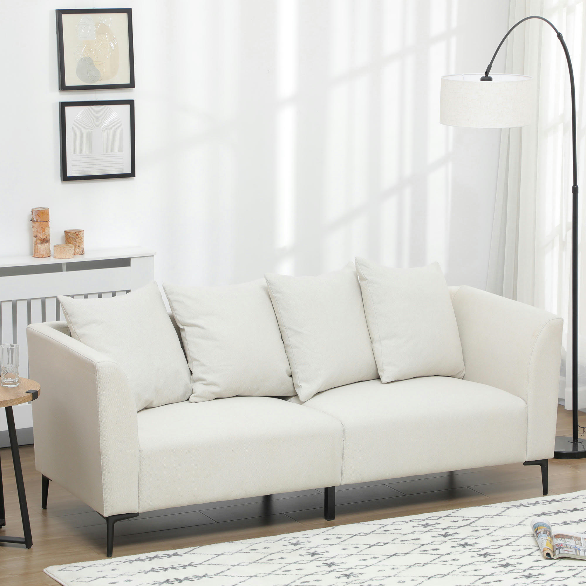 - Canapé 3 places design contemporain 4 coussins dossiers crème