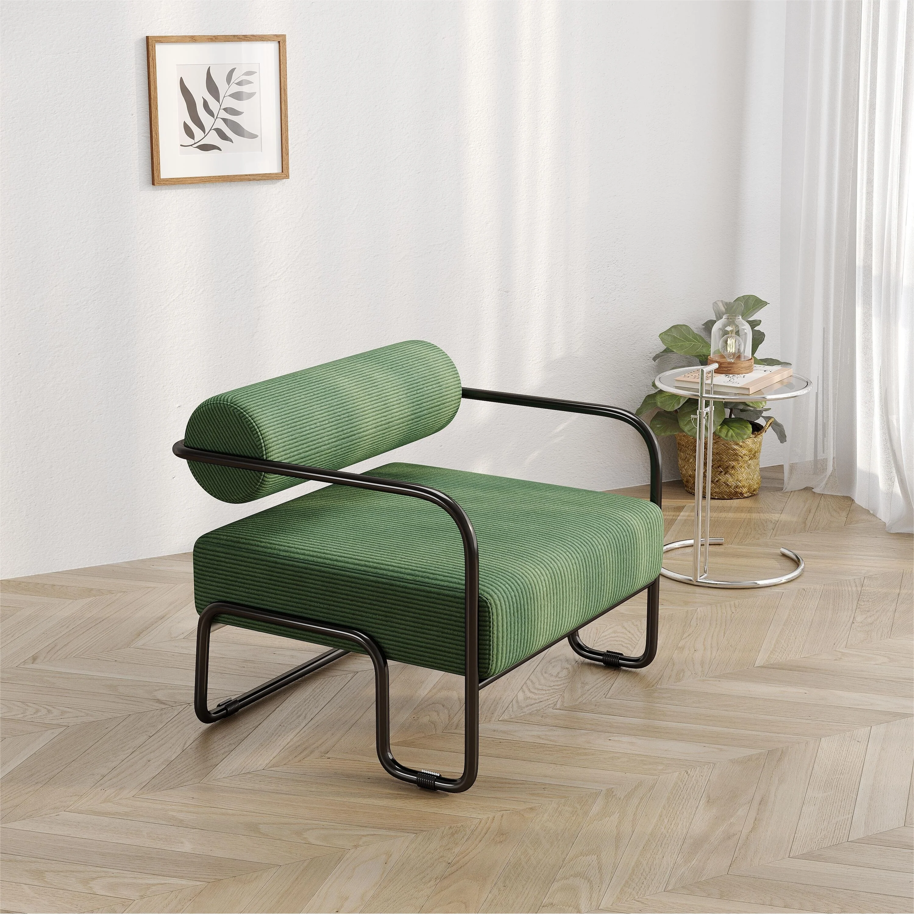 Dark Green 27 Corduroy Accent Chair with Iron Frame and Slip Pads