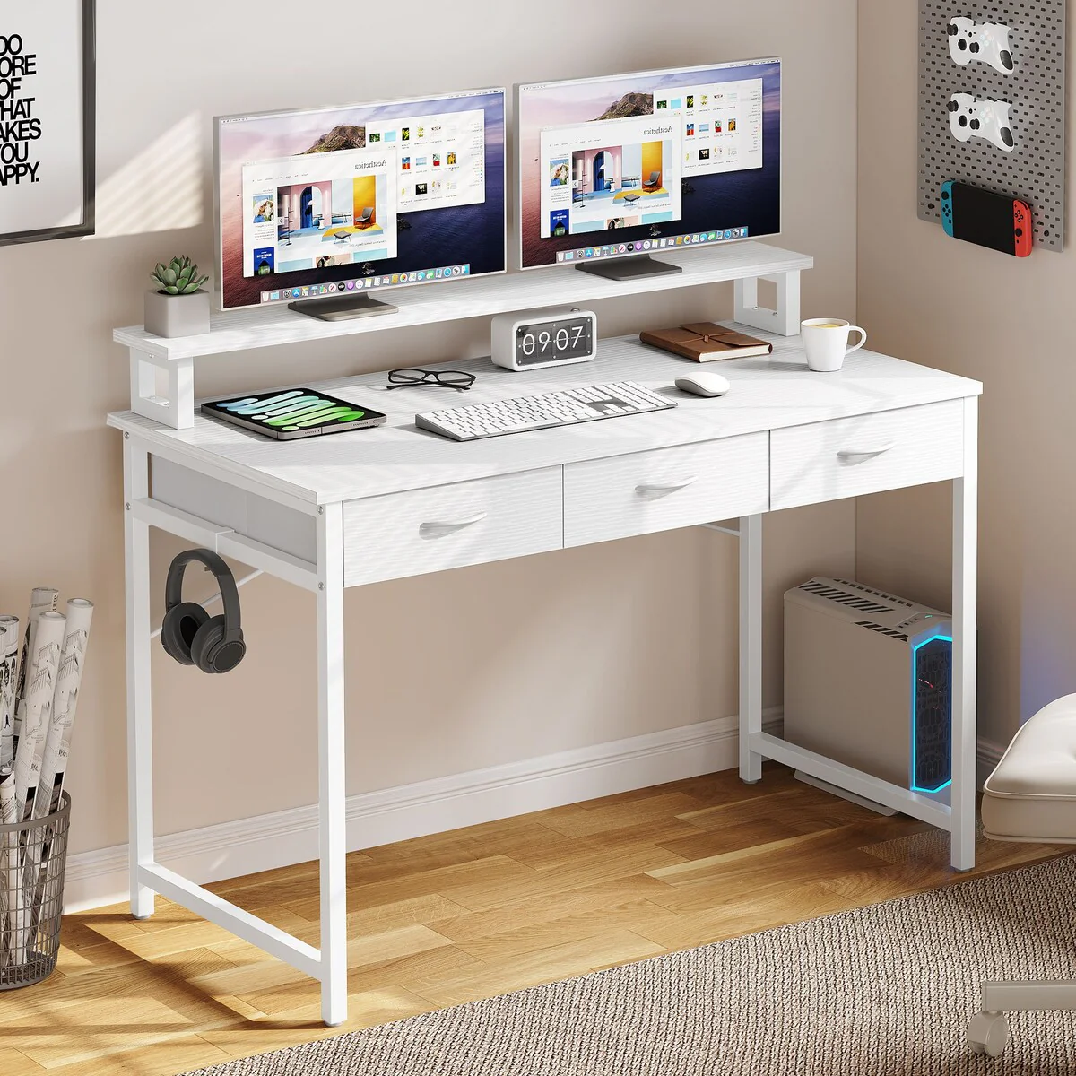 Moasis Small Computer Desk with Fabric Drawers and Monitor Stand