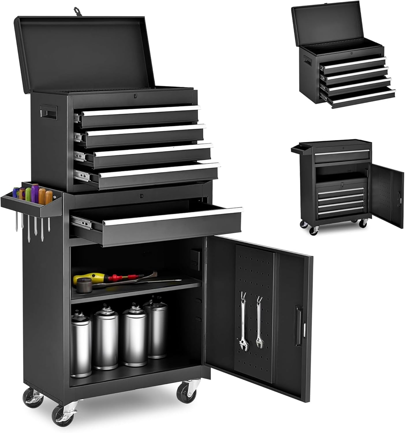 5 Drawers Tool Cart on Wheels with 1 Cabinet, Multifunctional Removable Rolling Tools Chest Storage Set, Tool Trolley Organizer Tools Box for Garage,Warehouse,Repair Shop,Workshop (Black)